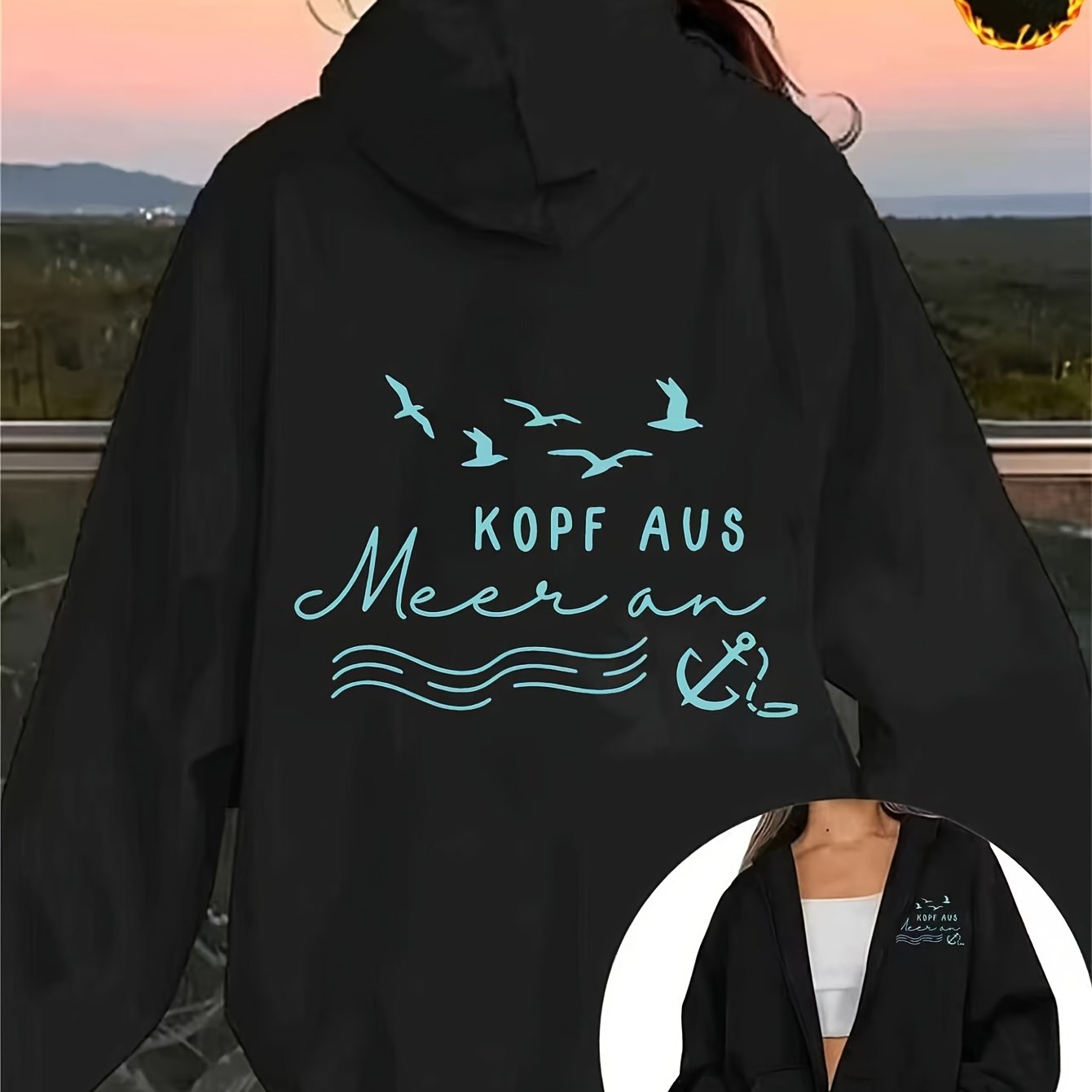 TEMU 1pc Women's Beach Flying Print Fleece Hoodie Zip-up Sweatshirt, Outer Jacket, Fashion Casual Versatile Comfortable, Easy Trendy, Gift, Birthday
