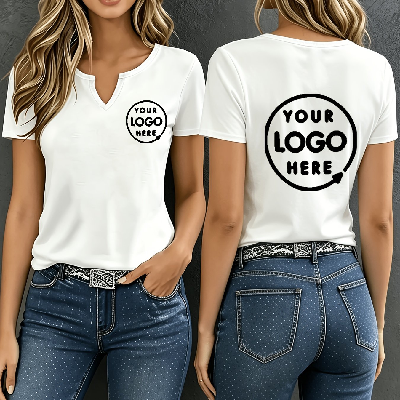 TEMU Custom Casual Fashion Versatile T-shirt Women's V-neck Printed Top Customization -sided Customization