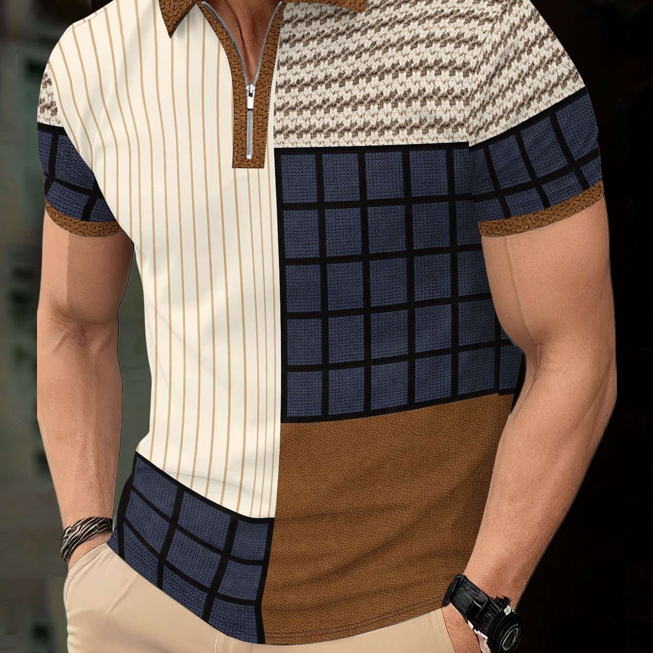 TEMU Men's Zip Shirt Summer New Stripe Casual Short Sleeve Top Fashion Trendy Men's Clothing Women's Clothing