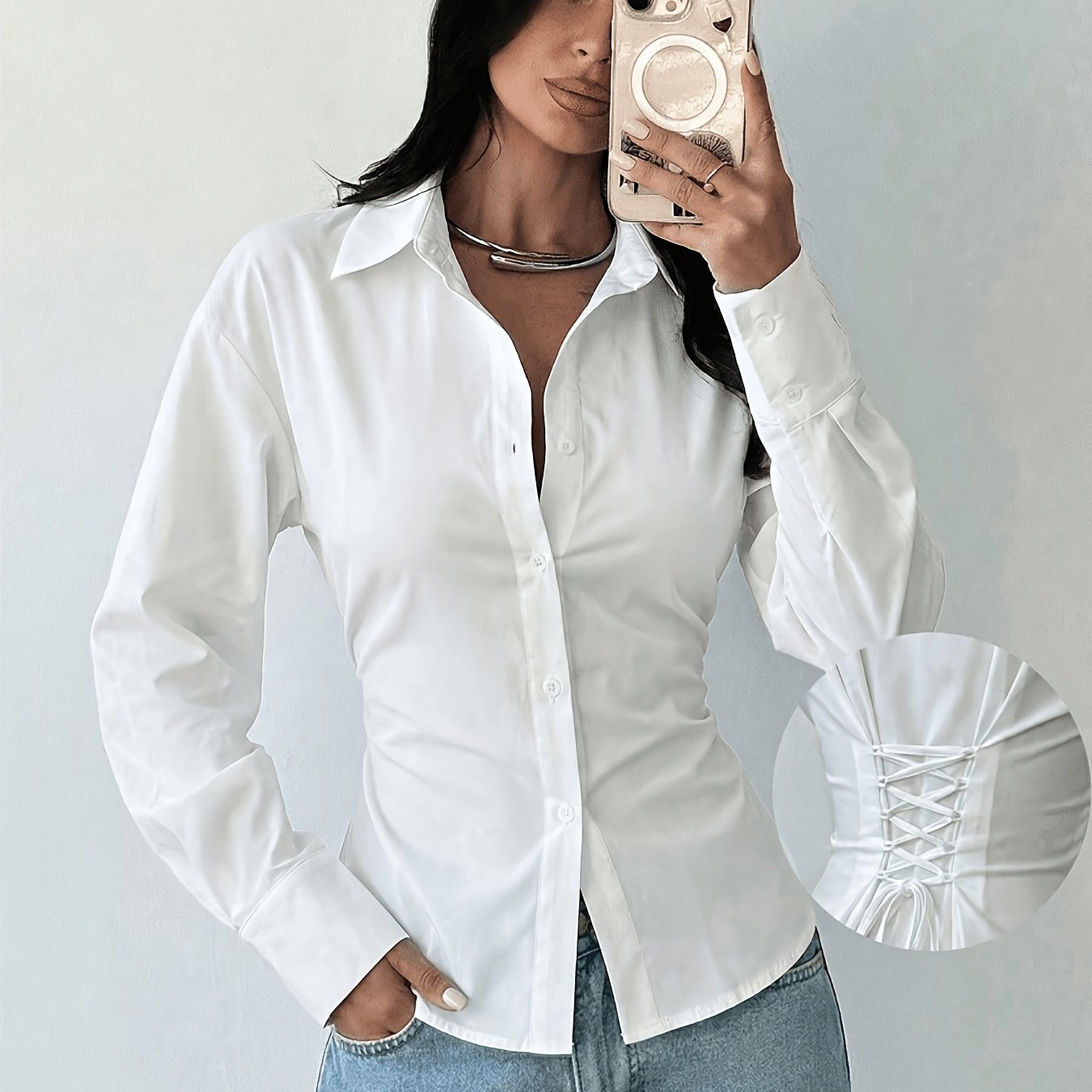 TEMU Long Sleeve Shirt, Tie Waist Shirt, Casual Commuter Shirt, Vacation Shirt, Waist-cinching Shirt, Suitable For Spring Summer Autumn Winter