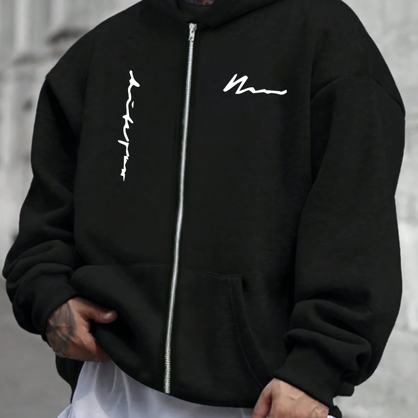 Image of Men's Hooded Zip-up Sweatshirt With Letter Print, Long Sleeves And Kangaroo Pocket, Fashion Regular Fit Clothing For Men's Autumn And Winter Outdoor Wear