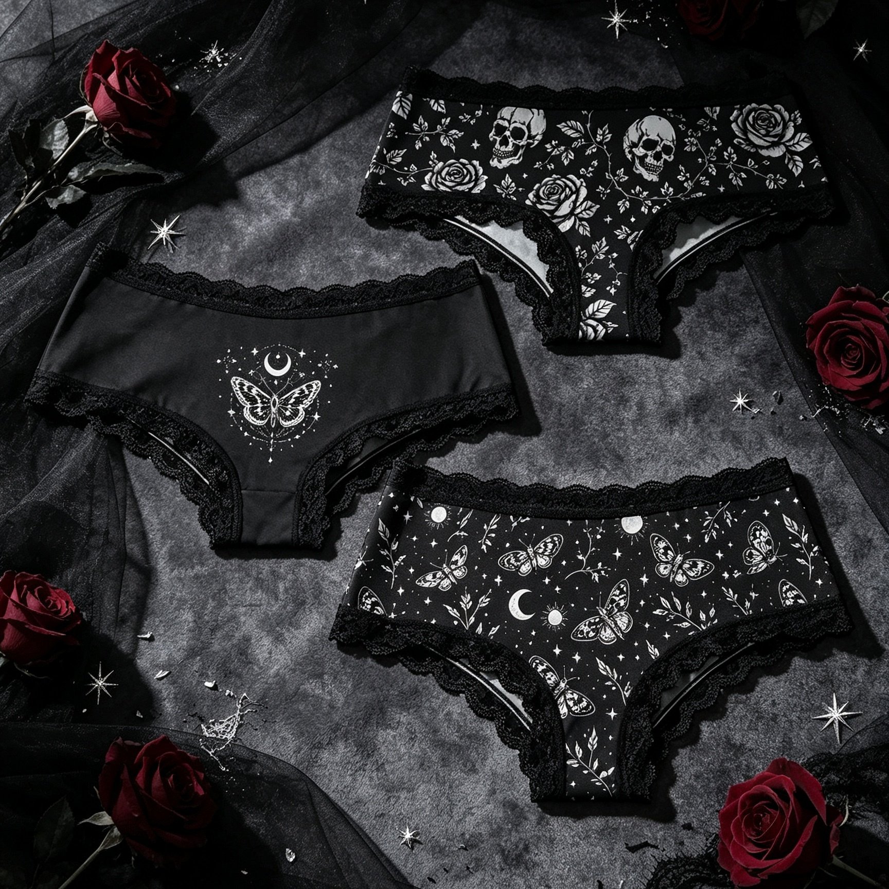 TEMU 3pcs Set Of Dark Gothic Skull Rose Lace Women's Underwear, Sweet And Cool, Niche Star Pants, Women's Gift