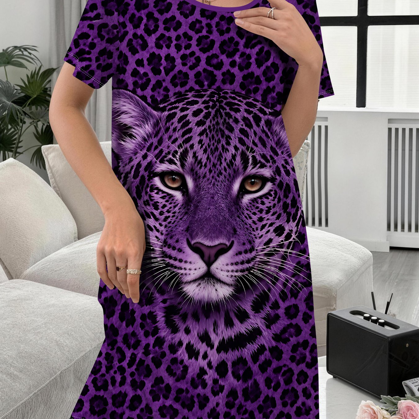 TEMU Women's Nightgown, Trendy Casual Nightgown With Dark Purple Base And Print, Comfortable For Indoor Wear, Ladies' Nightdress, Elegant Women's