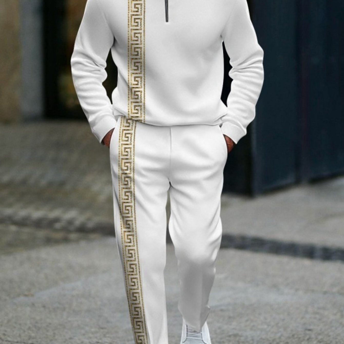 TEMU Men's Stylish Casual Two-piece Tracksuit Featuring A Half-zip Sweatshirt And Pants With A , Perfect For Adult Streetwear