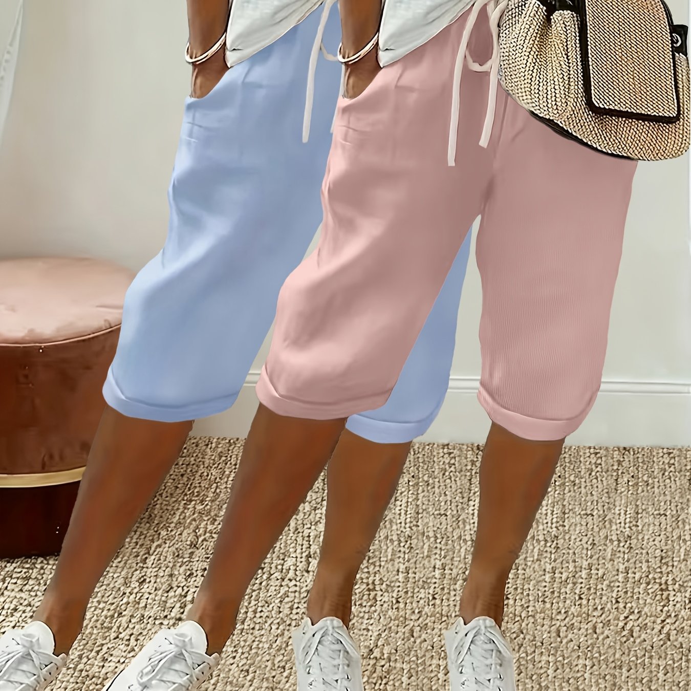 TEMU Nouveau lot de pantalons Capri pour femme avec taille élastique, poches latérales diagonales, cordelette et ourlet retroussé