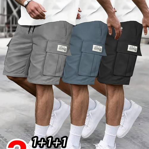 3pcs mens cargo shorts adjustable drawstring multiple pockets polyester blend solid colors in beige khaki dark gray black