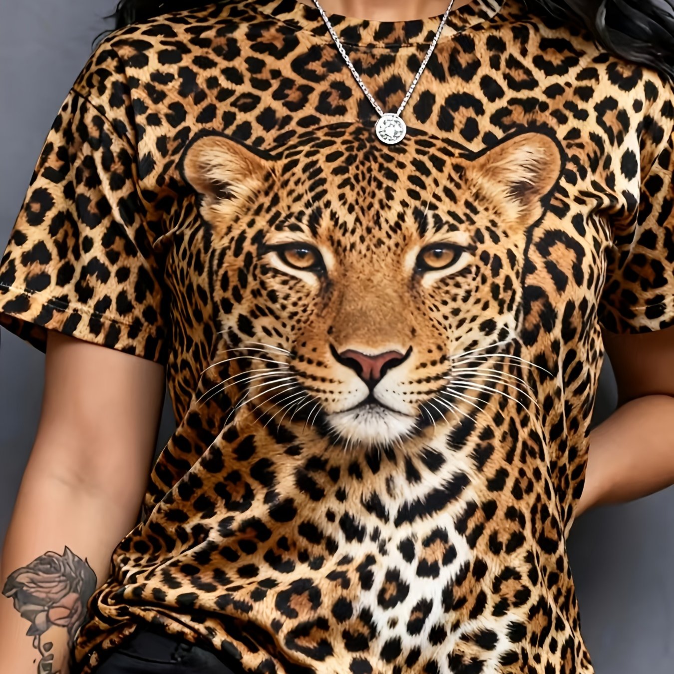 TEMU European And 2026 Leopard Print Women's Short Sleeve T-shirt, Sportswear, Summer Short Sleeve Casual Crew Neck T-shirt