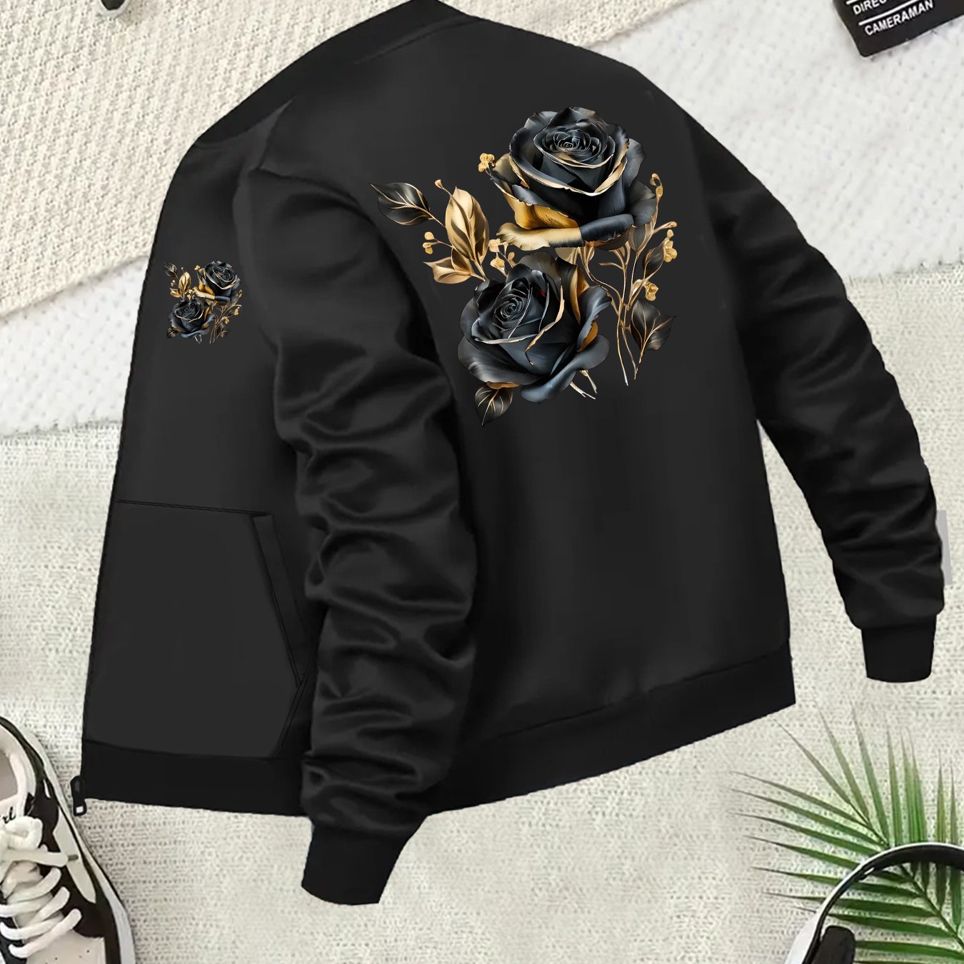 TEMU Veste à imprimé floral pour femmes - Grande taille, décontractée, confortable, manches longues, col baseball, poches, vêtement d'extérieur