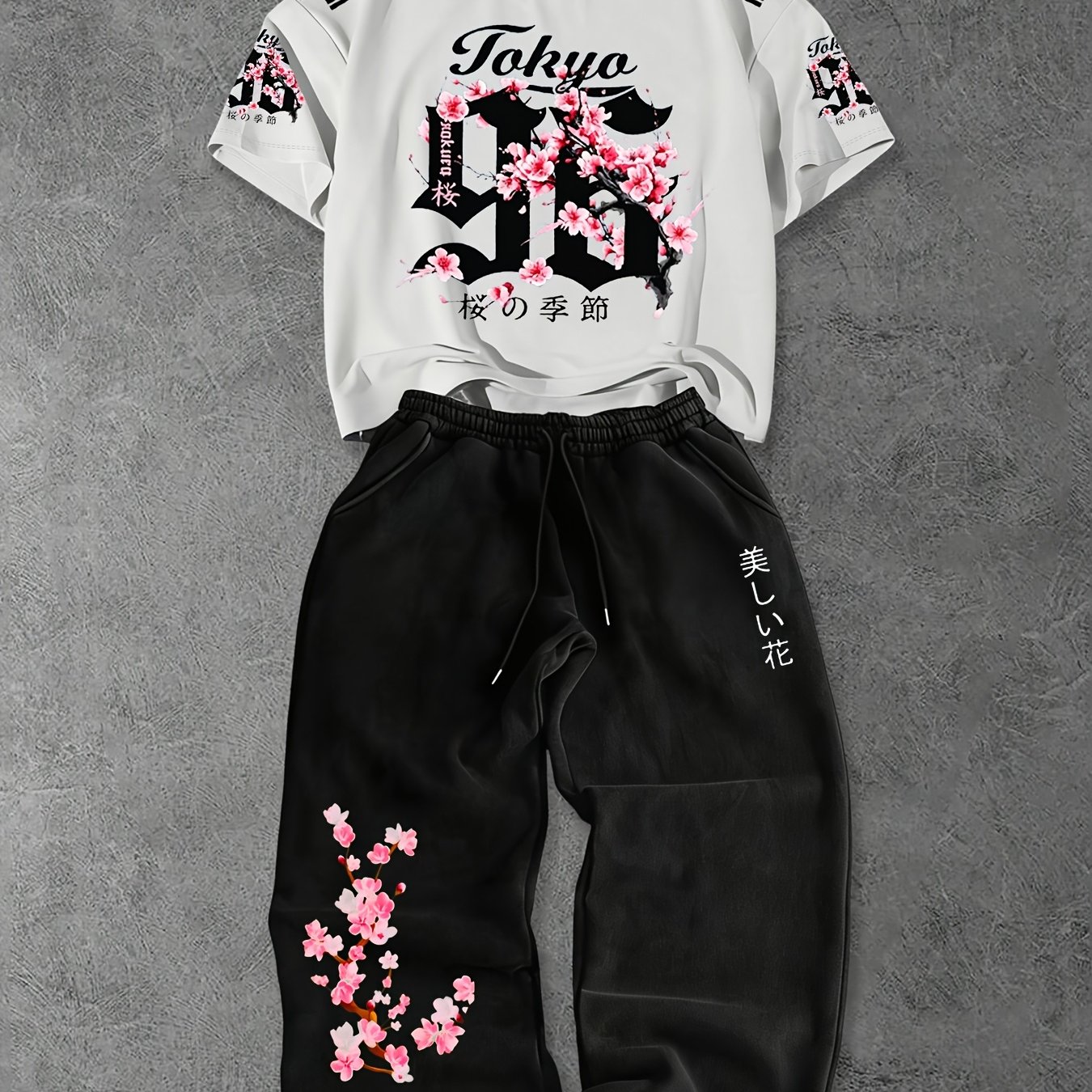 TEMU Men's Short Sleeve T-shirt And Long Pants Set, Print Round Neck Short Sleeve Top And Versatile Solid Color Drawstring Loose Casual Athletic