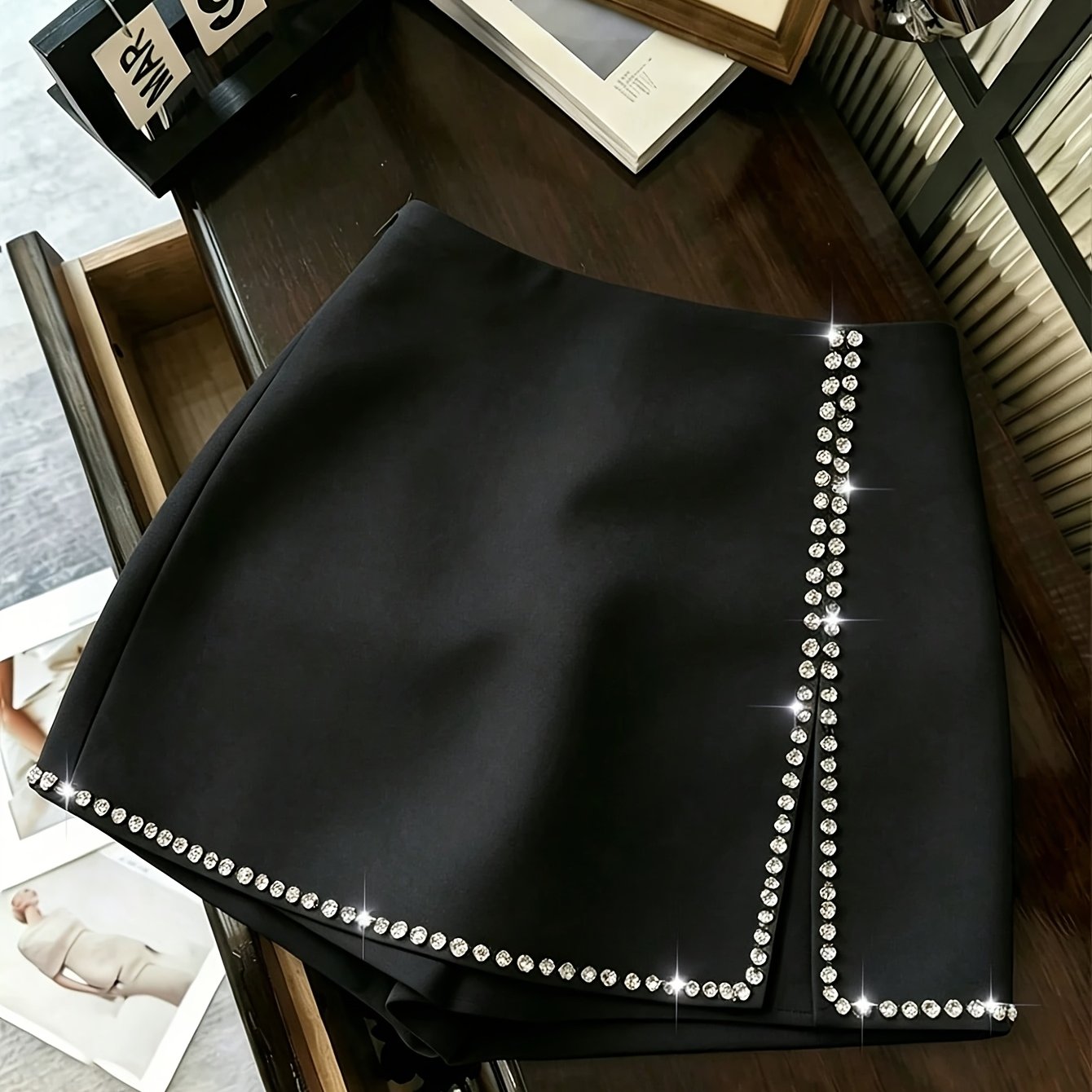 TEMU Women's Elegant Rhinestone Zipper Side Slit Skort, Summer Style