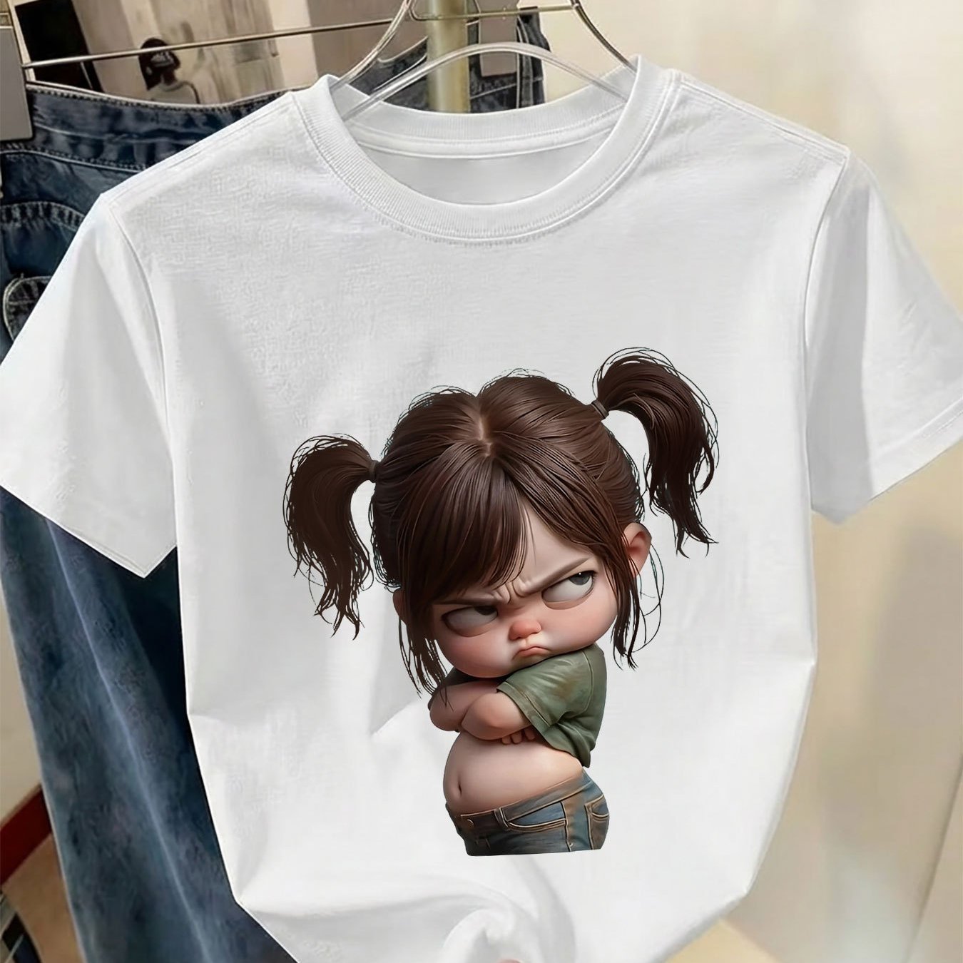 Image of Summer Casual Women And With A Cute Double Ponytail Angry Print, Round Neck, Pure Short-sleeve T-shirt