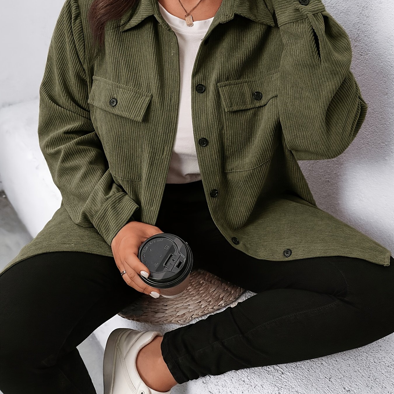 TEMU Plus Size, Plus-size Casual Jacket, Women's Plus-size Solid-color Corduroy Long-sleeve Button-front With A Lapel Flap