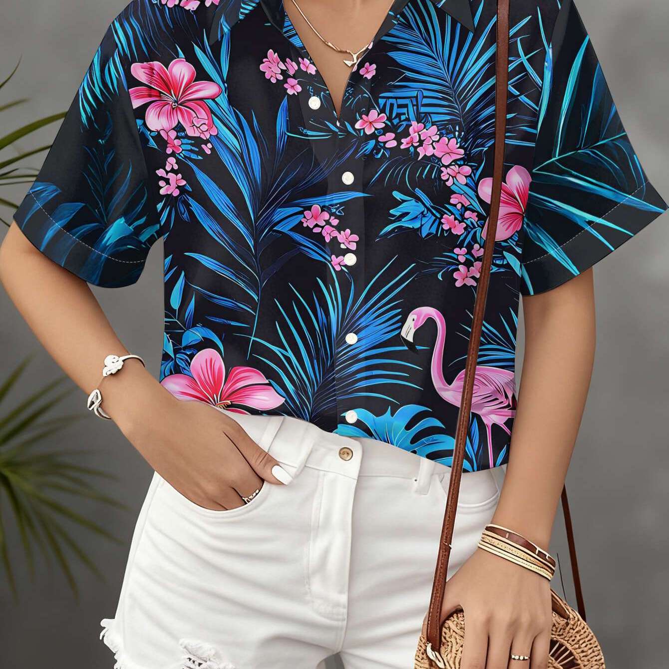TEMU Women's Casual Short Sleeve Shirt, Pink Flower Interspersed, Flamingo Hidden Flat Print Design, Machine Washable Women's Top, Fashion Button-up