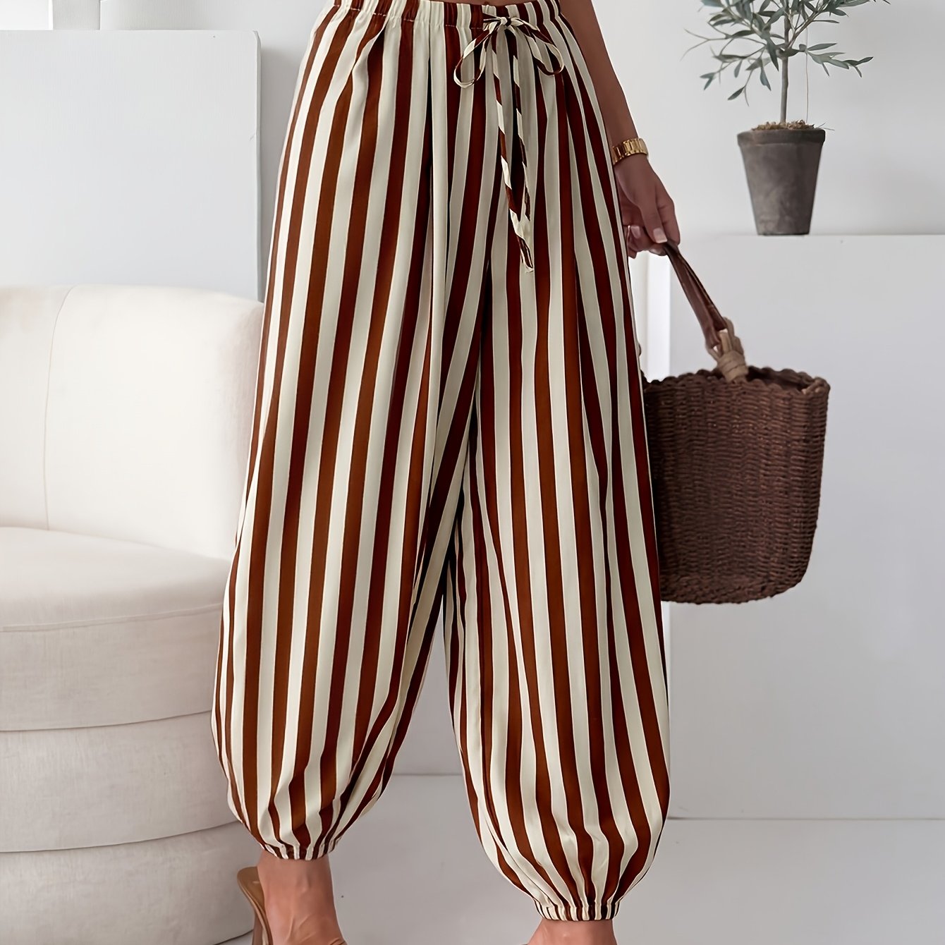 TEMU Women' Elegant Striped Tapered Wide- Pants - Ankle & Long Length Trousers Suitable For Spring Summer Fall, Striped Trousers For, Semi-formal &