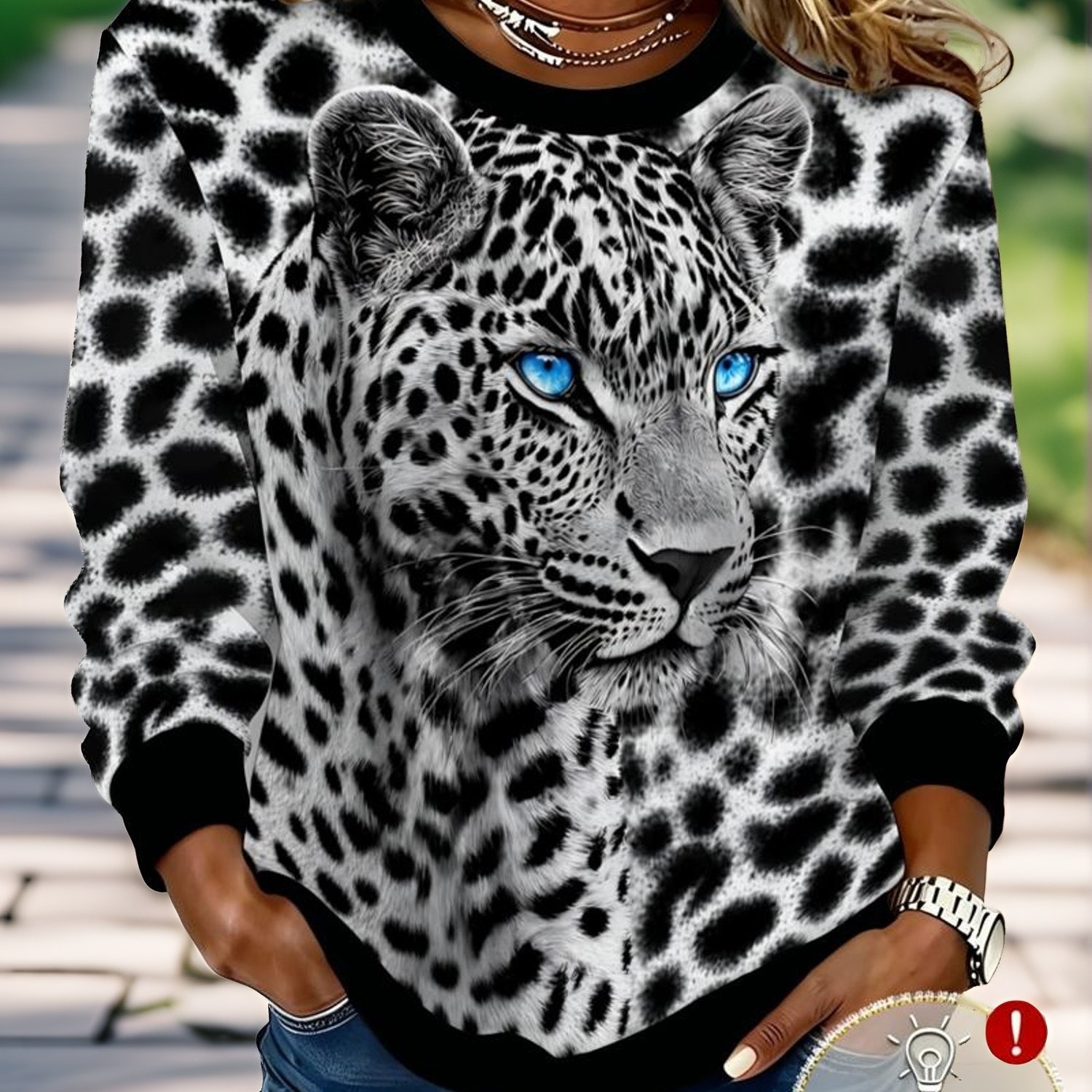 TEMU Printed Design - Not Textured Vintage Wild Spicy Style Loose Pullover Sweater Black White Leopard Print Round Neck Long Sleeve Sweatshirt Casual