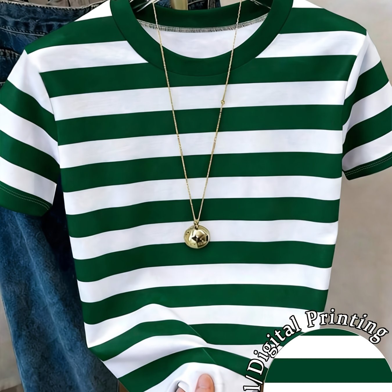 TEMU Women' And White Striped Crew Neck Short Sleeve T-shirt, Slim Fit Versatile Casual Top