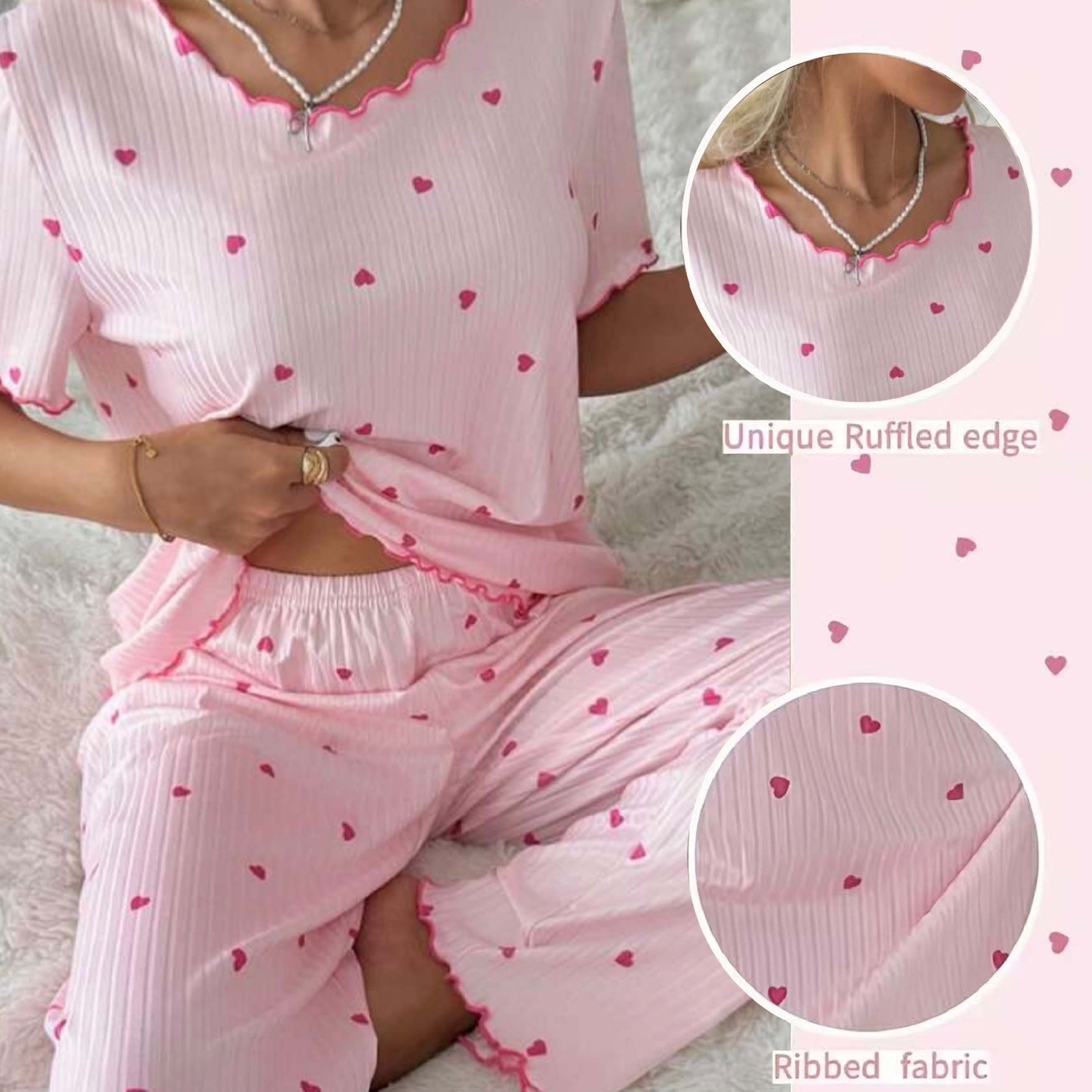 TEMU Women's Romantic Heart Print Short Sleeve And Long Pants Pajama Set With Ruffle Detail, Ladies' Heart-shaped Pajama Set