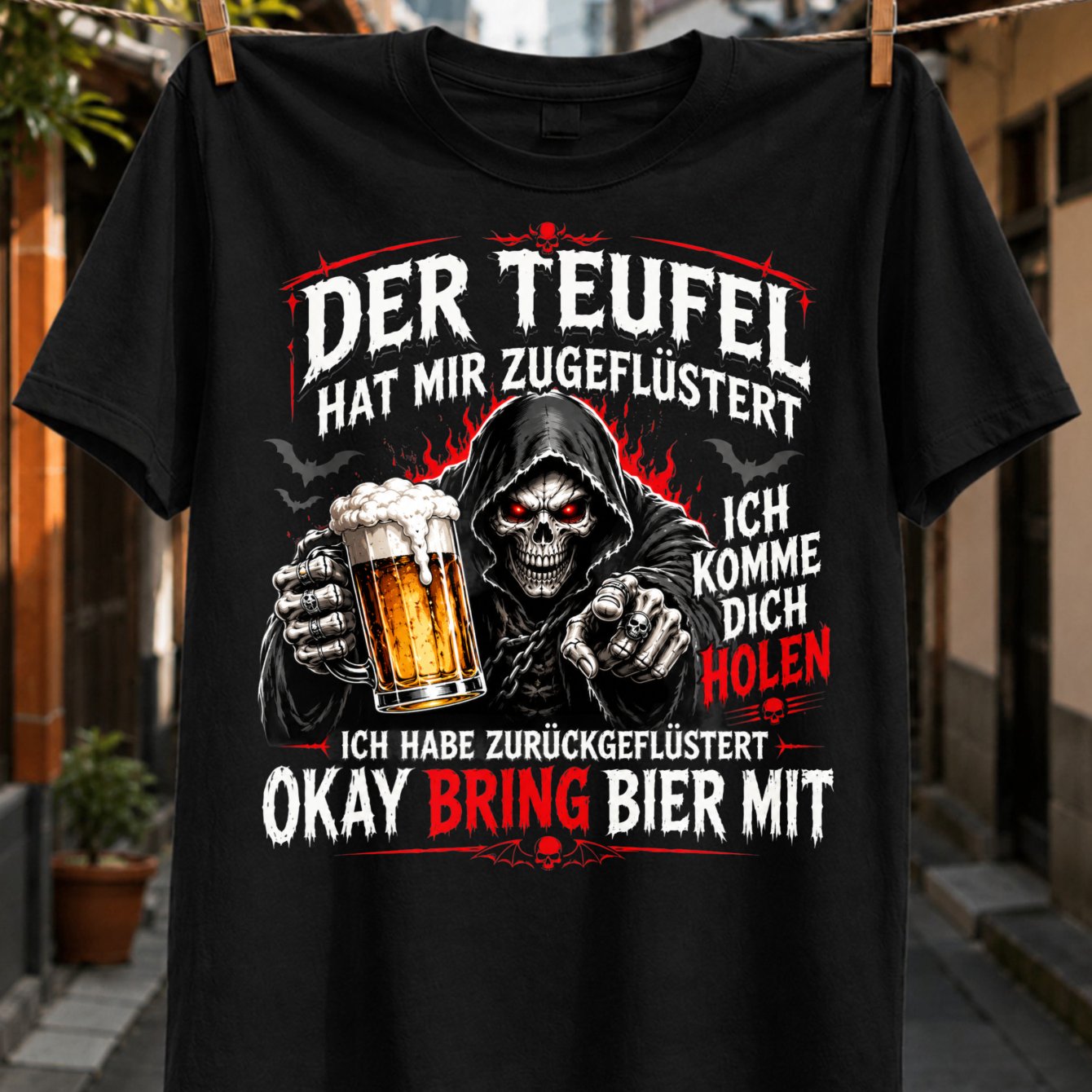 German Devil Beer Reaper With Foaming Beer Glass And German Drinking Humor Print Unisex All T-shirt