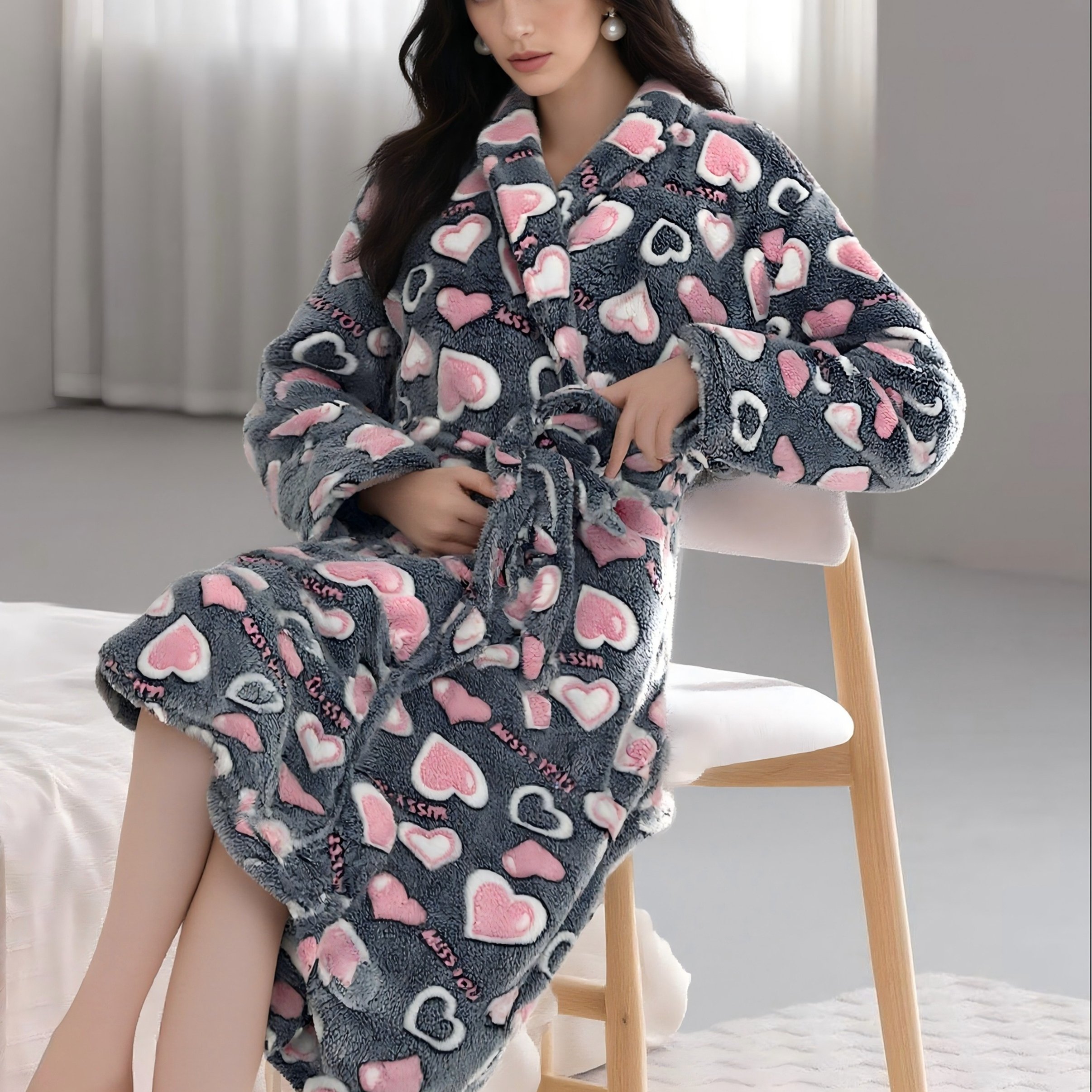 TEMU Autumn And Winter New Flannel Thickened Grey Bottom Heart-shaped Nightgown Thickened And Lengthened Waistband Style Nightgown Loose And Casual