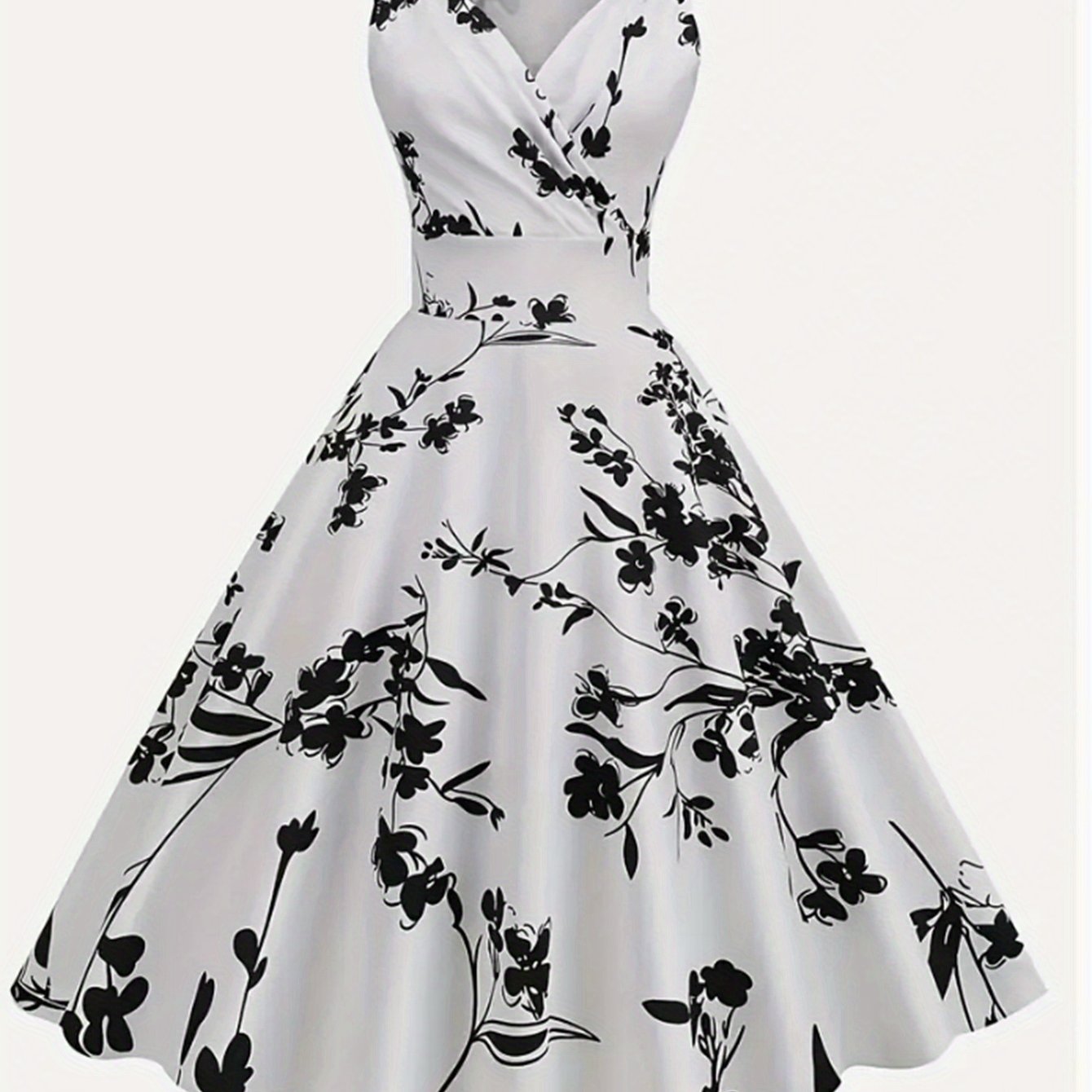 Image of Women's Vintage Floral Print V-neck Dress, Sleeveless High-waist Swing Skirt