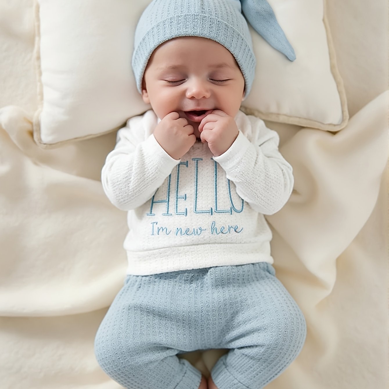 Image of 3pcs Newborn Embroidered Top + Pants + Hat Set, Children's Knitted Long-sleeve Outfit, Photography Set For Boys And Girls, Hd15, Perfect For Outdoor,christmas,halloween