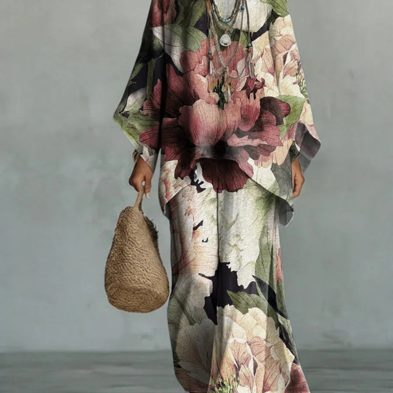 Image of Summer Loose Round-neck Batwing Sleeve Top And Wide-leg Pants Two-piece Set