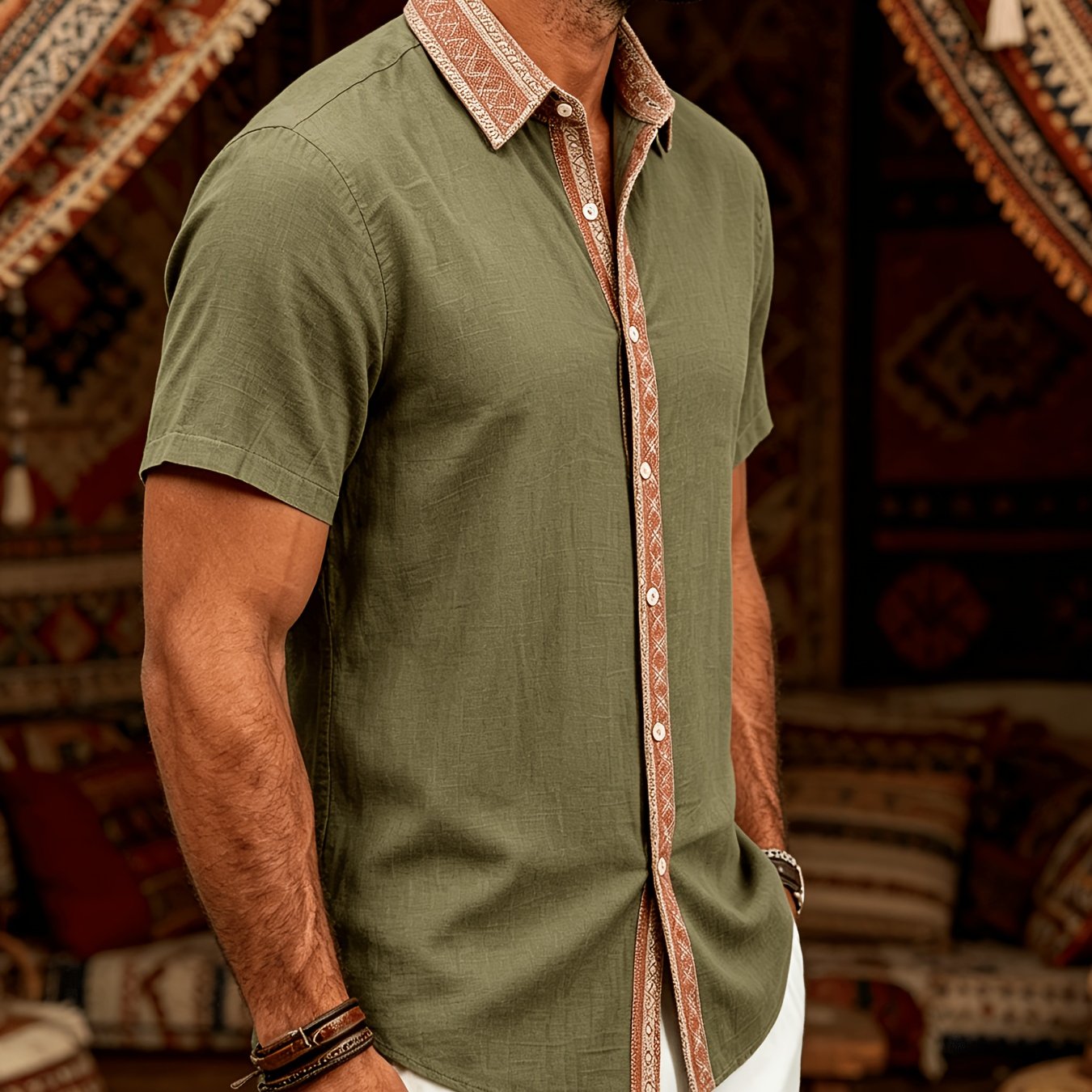 TEMU Bohemian Ethnic Style Men's Linen Texture Short Sleeve Button- Casual Shirt, Suitable For , Beach, And Daily Wear