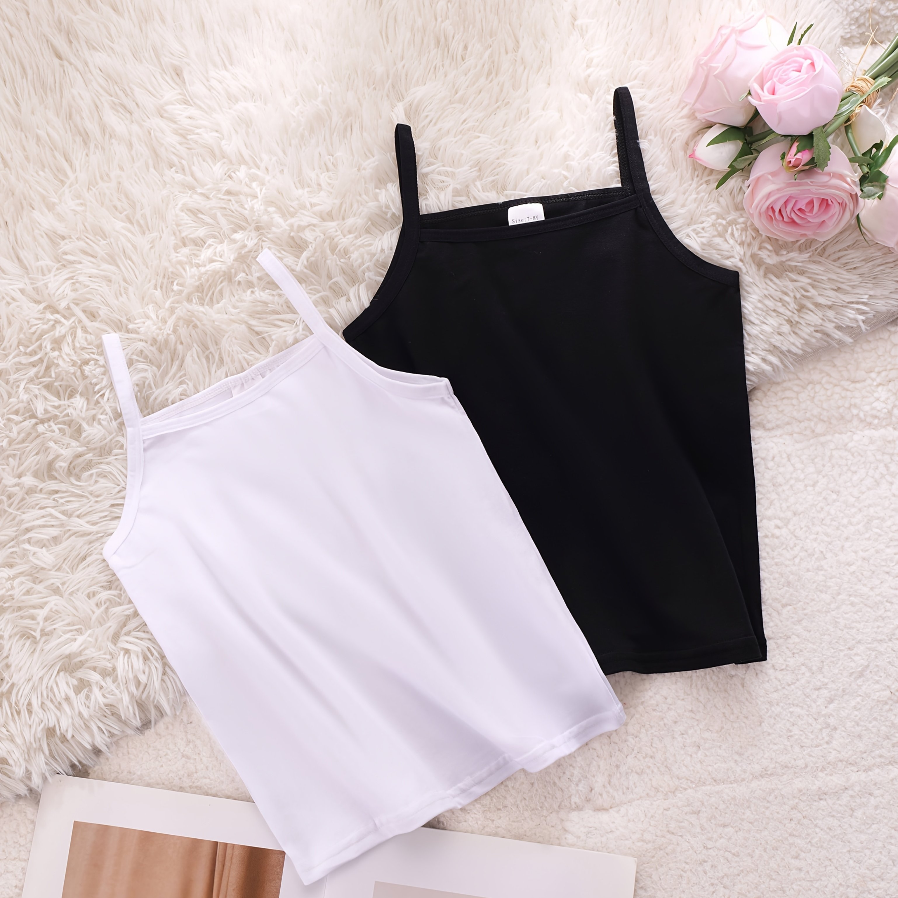 Black And White Solid Color 2pcs Set Camisole Tank Tops