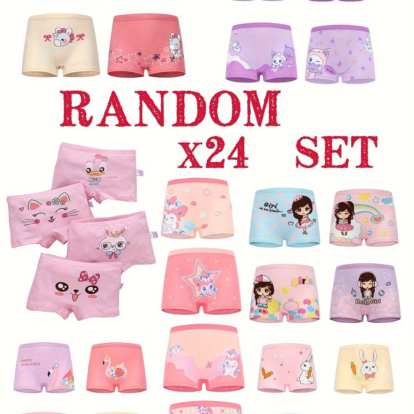 Image of Random 24pcs Girls' Cartoon Rabbit Four-corner Underwear, Comfortable Boxer Briefs, Cute Cartoon Unicorn Children's Animal Four-corner Panties For