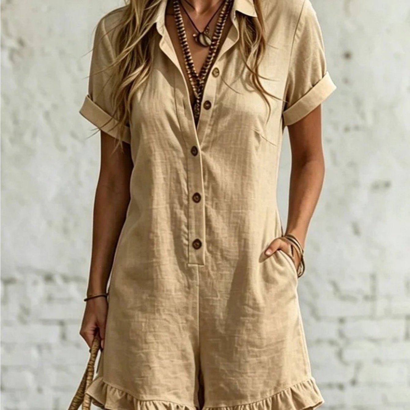 TEMU 2026women's Romper, Collared V-neck Short Sleeve Button- Jumpsuit With Ruffle Hem, Casual Lightweight Romper With Pockets, Summer Outfit For