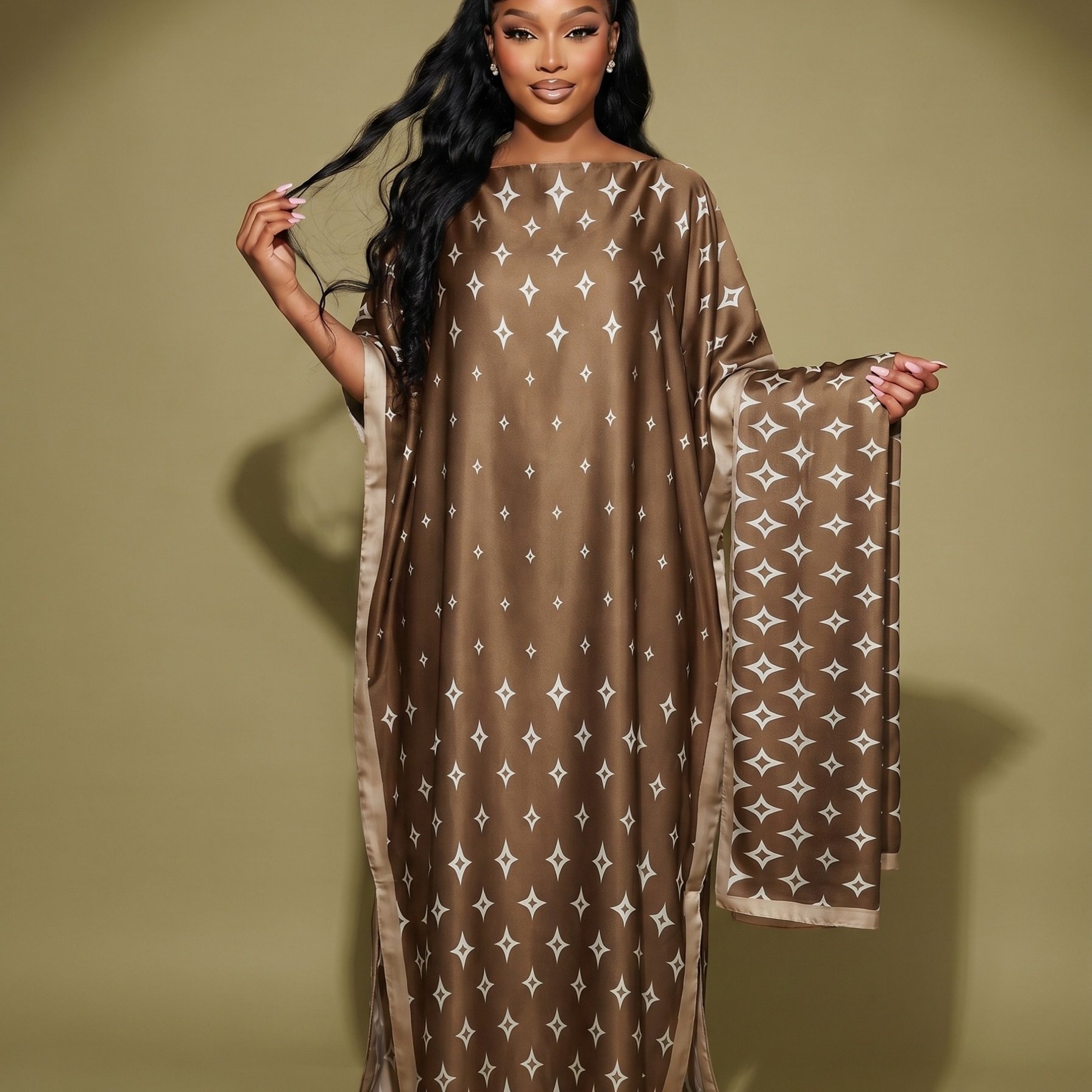 TEMU Plus Size - 1pc Elegant African Ethnic Star Motif Kaftan Abaya, Loose Dress With Scarf For Resort Style 140cm