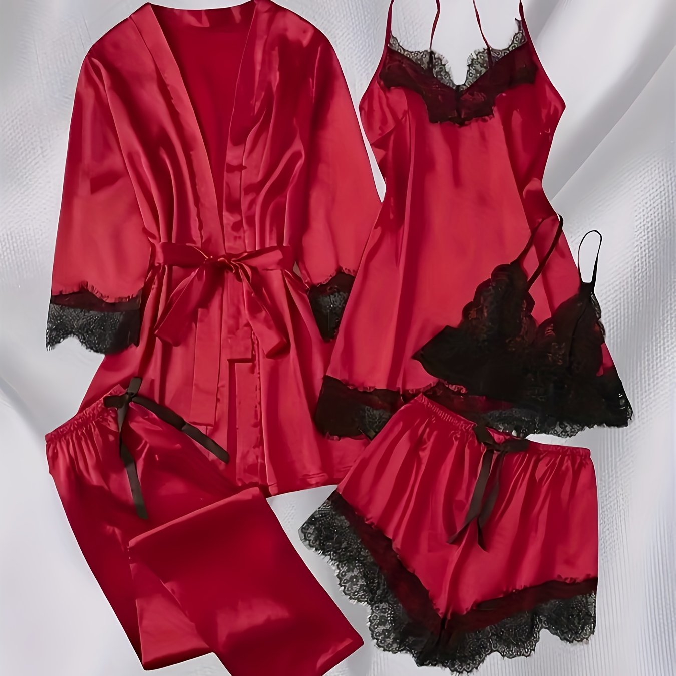 TEMU Women's Elegant 5pcs Comfortable Satin Lace Camisole Pajama Set - Solid Color, Includes Long-sleeve Belted Robe - Cut-out Camisole Tank Top -