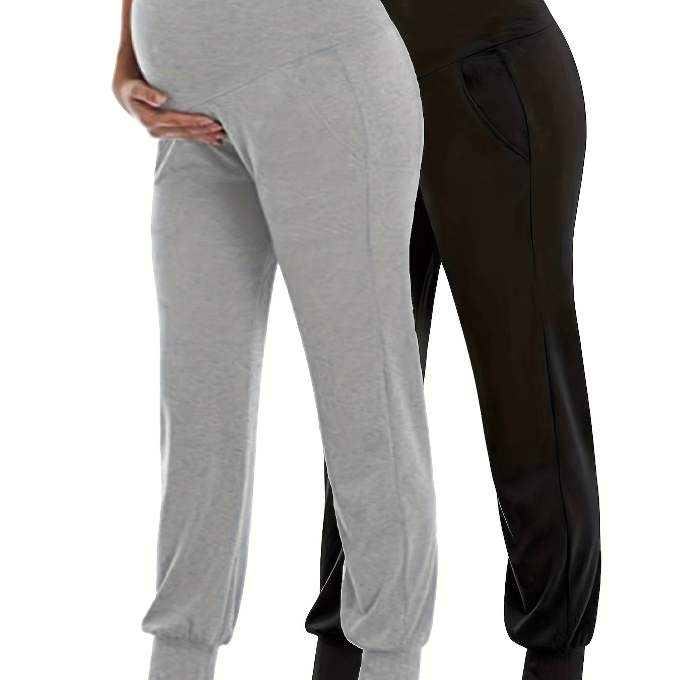 TEMU 2pcs Maternity Belly Pants - High-waisted Full-length Pregnancy Trousers With Elastic Waistband, For Care, & Daily Wear - Solid Color Tummy