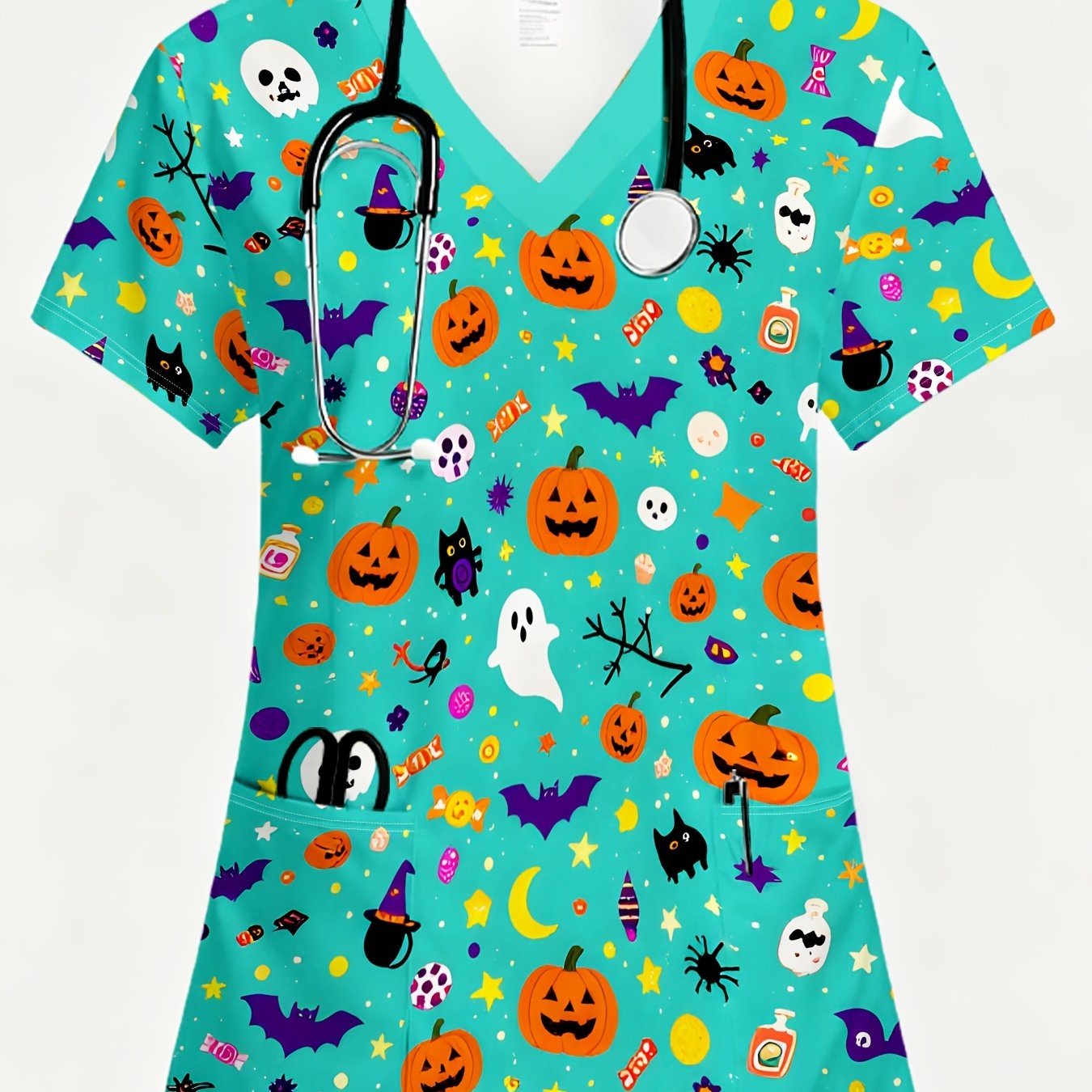 TEMU Halloween Fashion V-neck Women's Printed Nursing Uniform, Lake With Halloween Print. Fabric Features An Print Of , Pumpkins, Bats, And Skulls.
