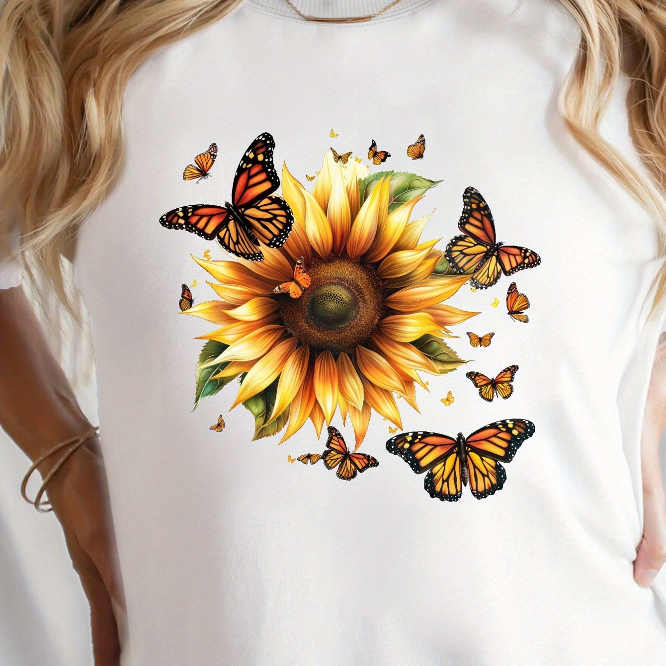 TEMU Sunflower & Print Crew Neck T-shirt, Casual Short Sleeve Top For , Women's Clothing