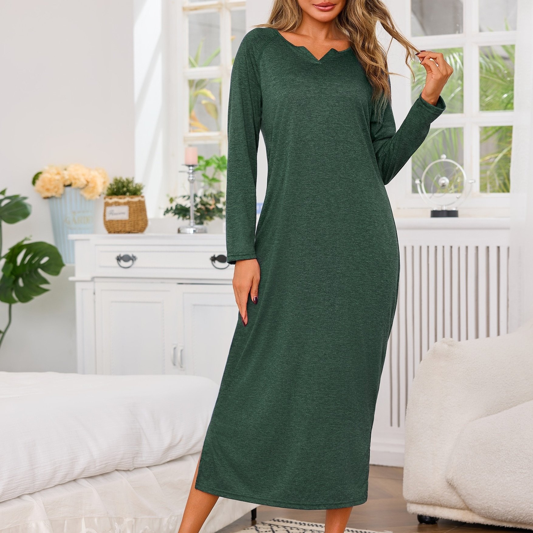 Image of Women's Notch V-neck Long Sleeve Nightgown, Raglan Sleeve Midi Night Dress With Side Slit, Soft Loose Sleep Dress Loungewear Nightwear