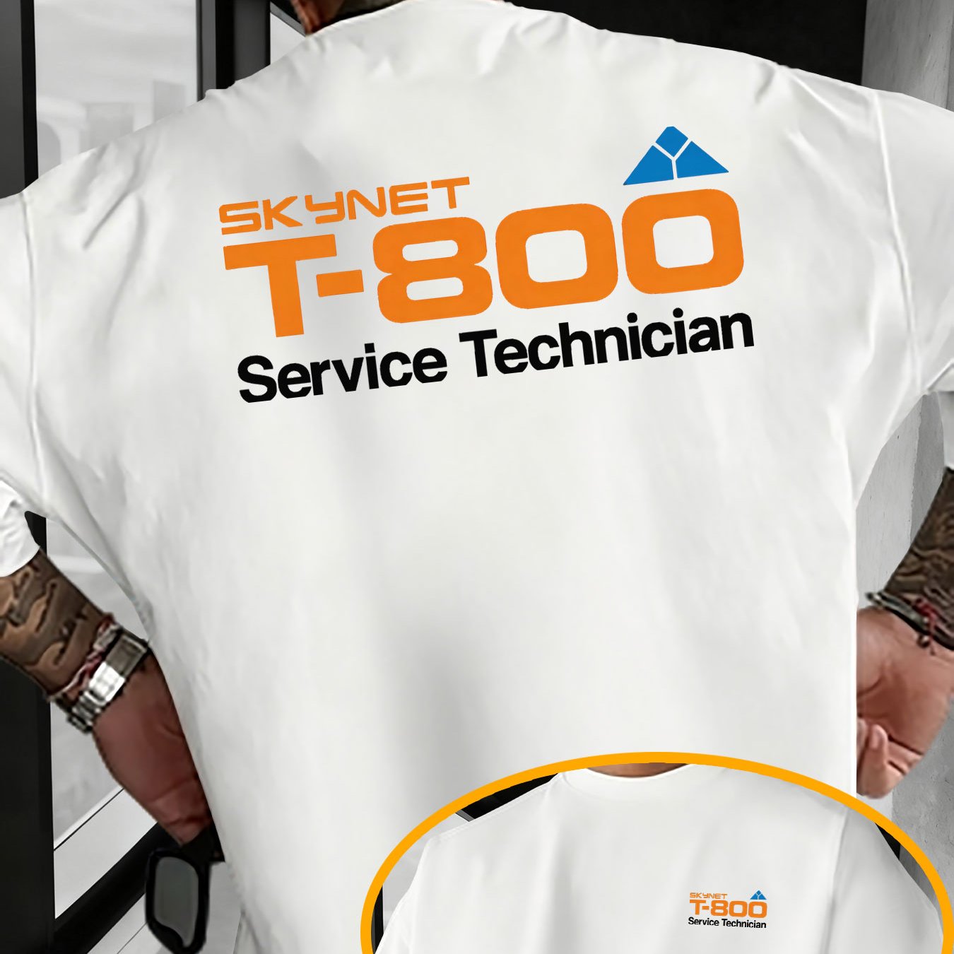 TEMU T-shirt - Iconic Robot Short Sleeve Tee With Orange Lettering, Machine Washable Round Neck Casual Streetwear Suitable For Spring/fall Wear,