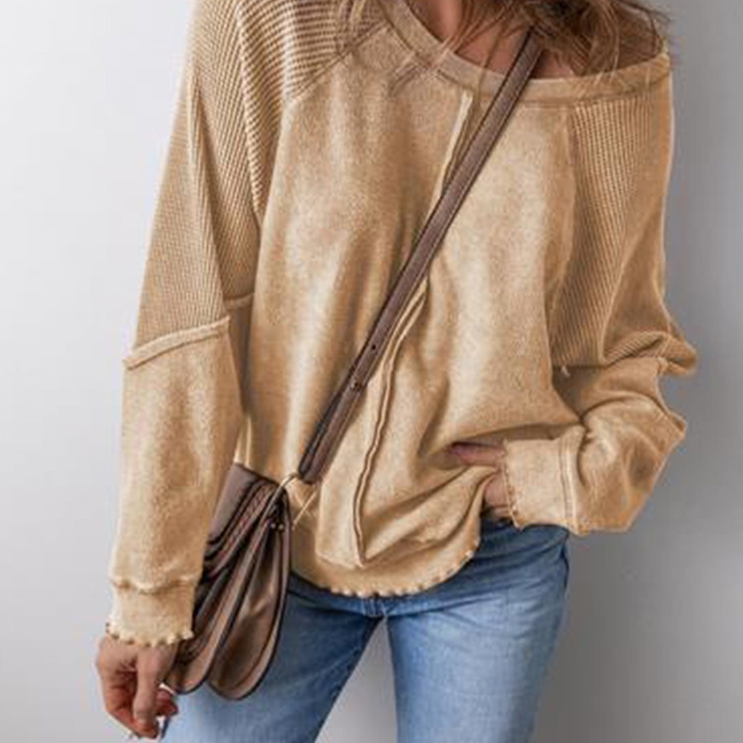 Women's Waffled Loose Pullover Long Sleeve Crew Neck Sweatshirt Streetwear