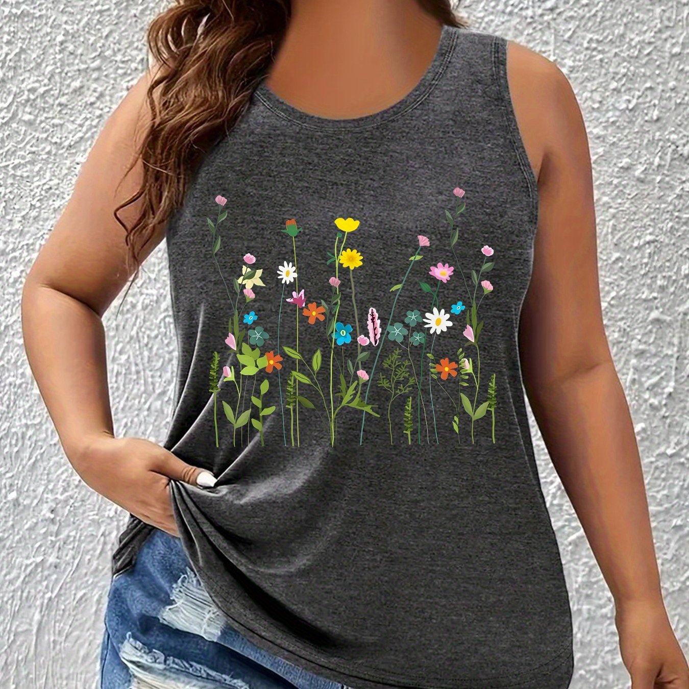 TEMU Plus Size, Floral Print European And Size Fashion Round Neck Tank Top Women's S Sleeveless Vest
