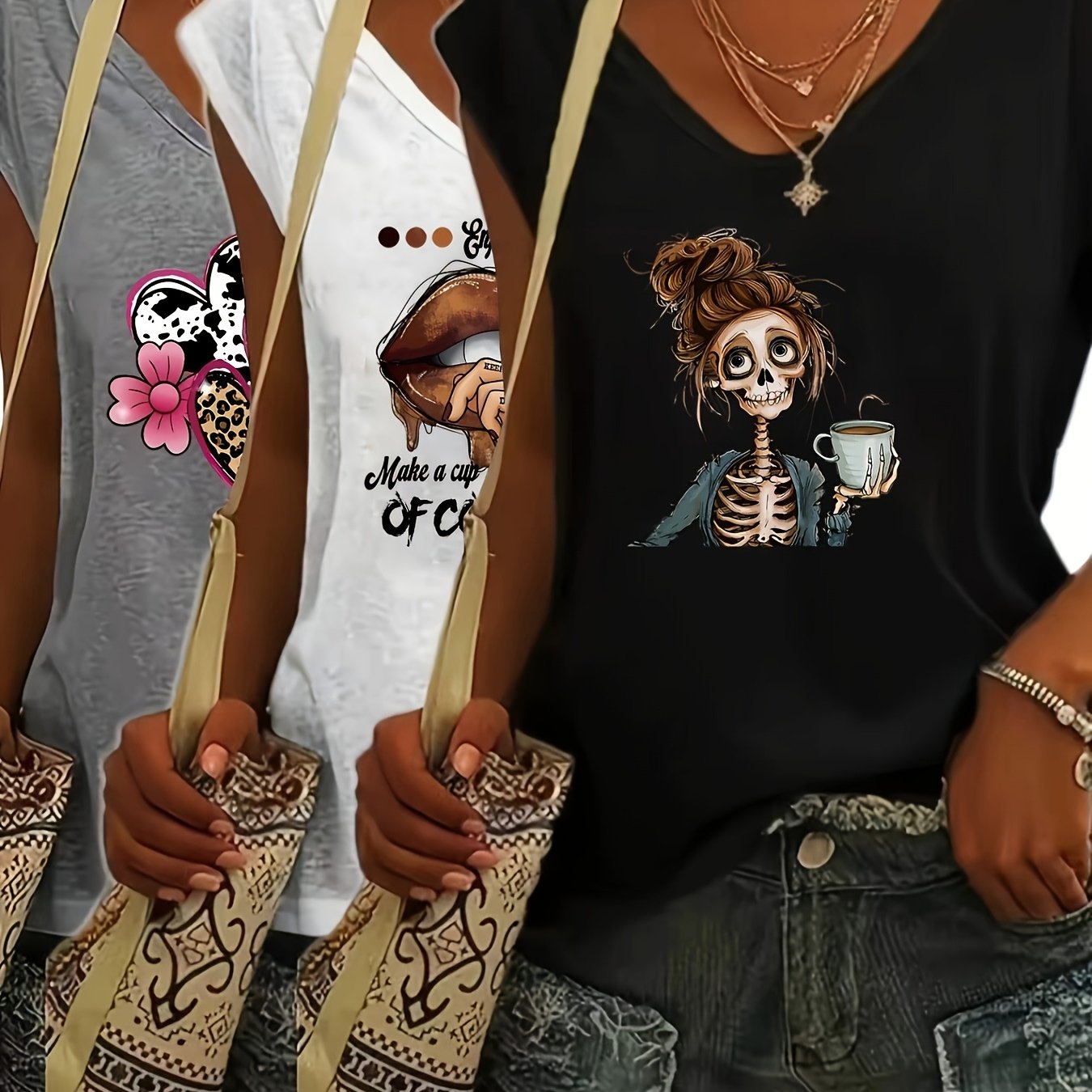 TEMU Damen-T-Shirt-Set in Übergröße, 3-teilig, lässig mit Herz-Print, V-Ausschnitt, figurbetont, Sommer