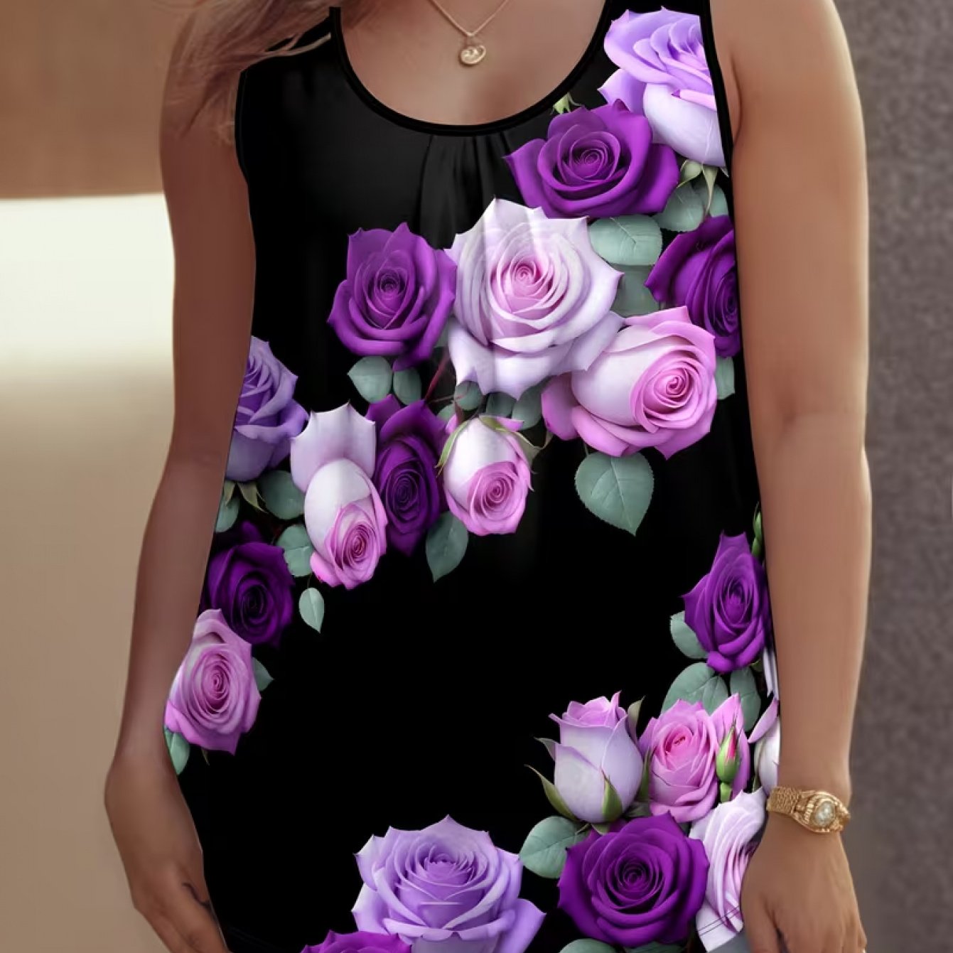 TEMU Plus Size - Plus Size - Purple Rose Print Plus-size Round Neck Tank Top, A Romantic And Sweet Women's Blouse