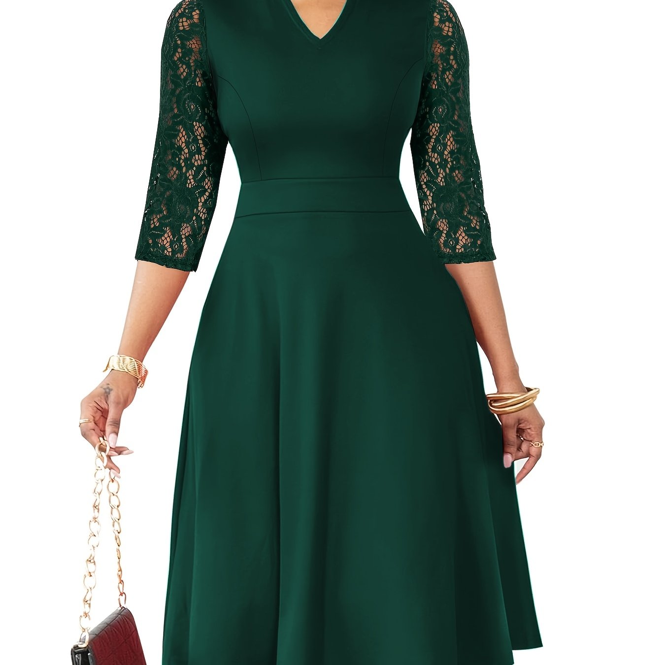 E-shop Herbst/Winter Damenmode Elegantes V-Ausschnitt Spitzenärmel Dreiviertelärmel A-Linien Midi-Kleid, geeignet für formelle Anlässe, Cocktailpartys