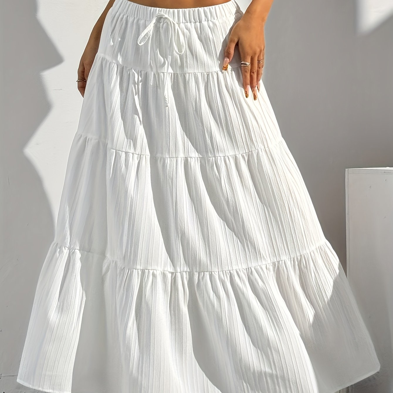 TEMU Women' Color High-waist Tie-waist Ruffle Hem Long Dress