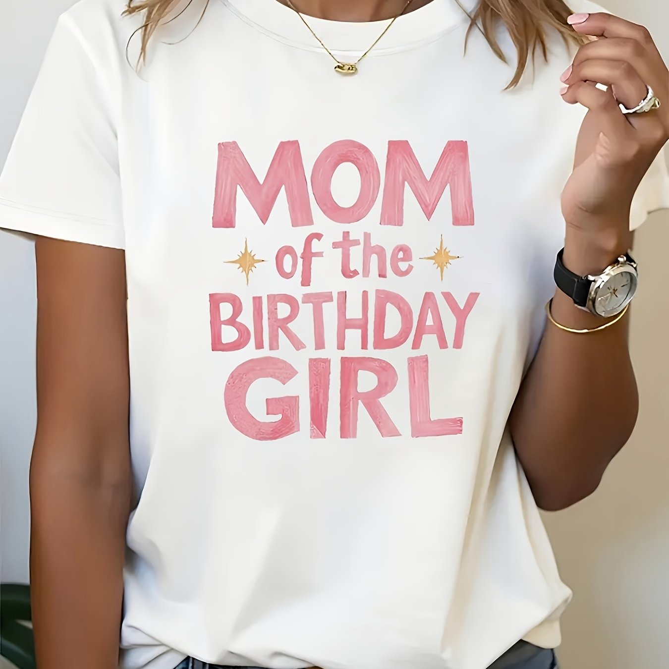 TEMU Women's "birthday Mom" Graphic Print T-shirt - Casual Short Sleeve Crew Neck Top With Star Accents, Medium Stretch, Machine Washable, , Suitable