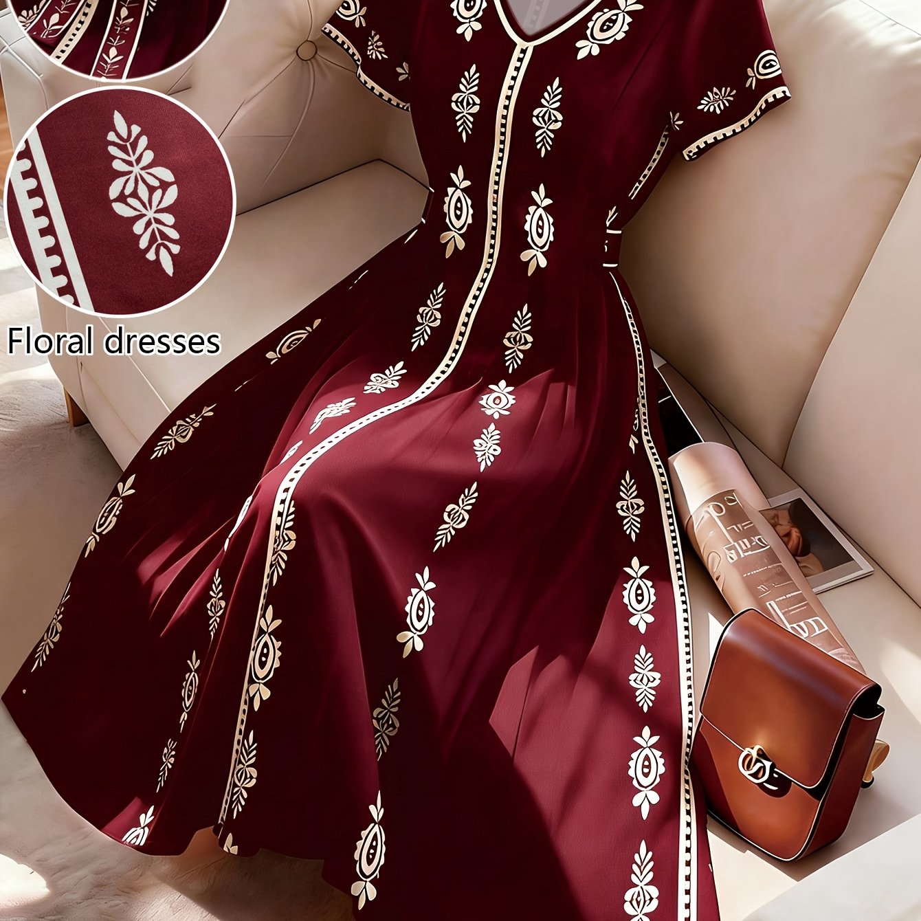 TEMU Printed V-neck Long Dress