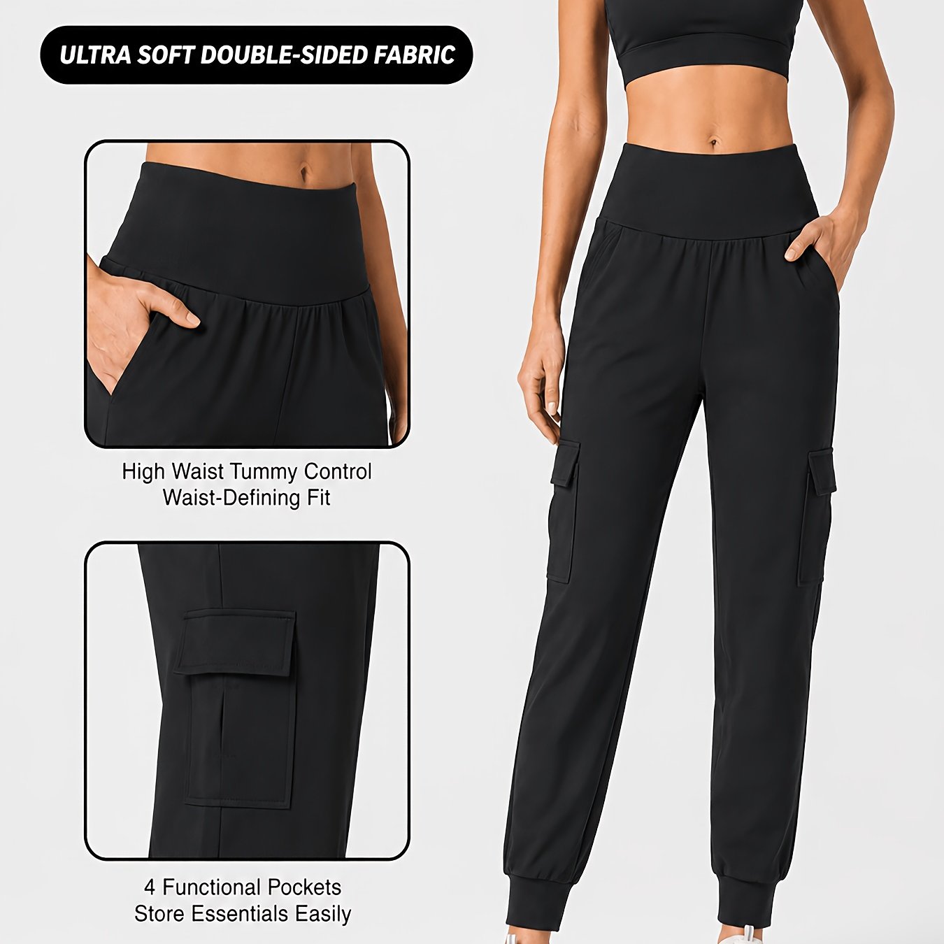 Women's Casual Wide Waistband Multi-functional Pocket Leggings, Solid Color Comfortable Yoga Sports Joggers