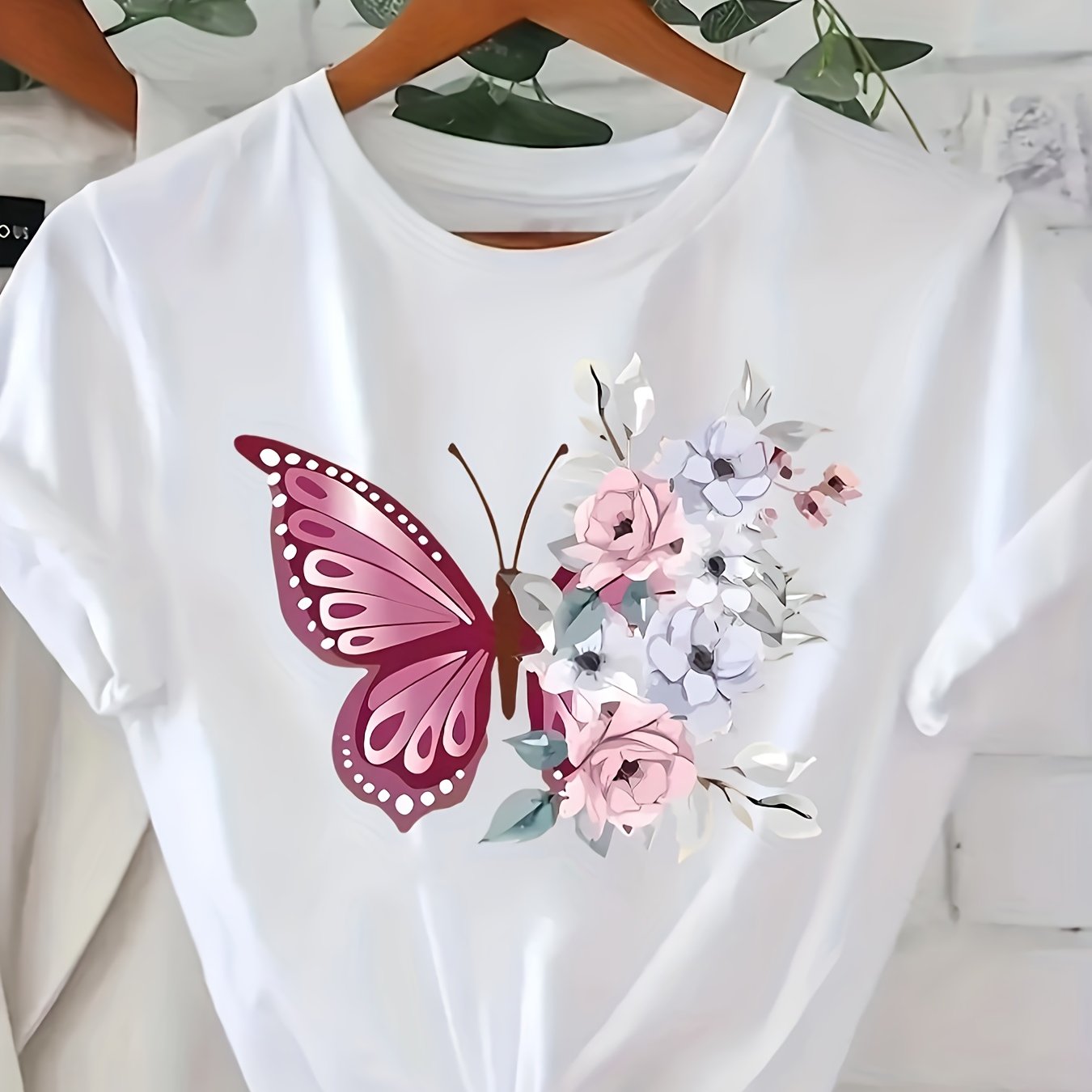 TEMU Women's Summer Casual Short Sleeve T-shirt - & Floral Print Round Neck Blouse With Bow-like Winged , Lightweight
