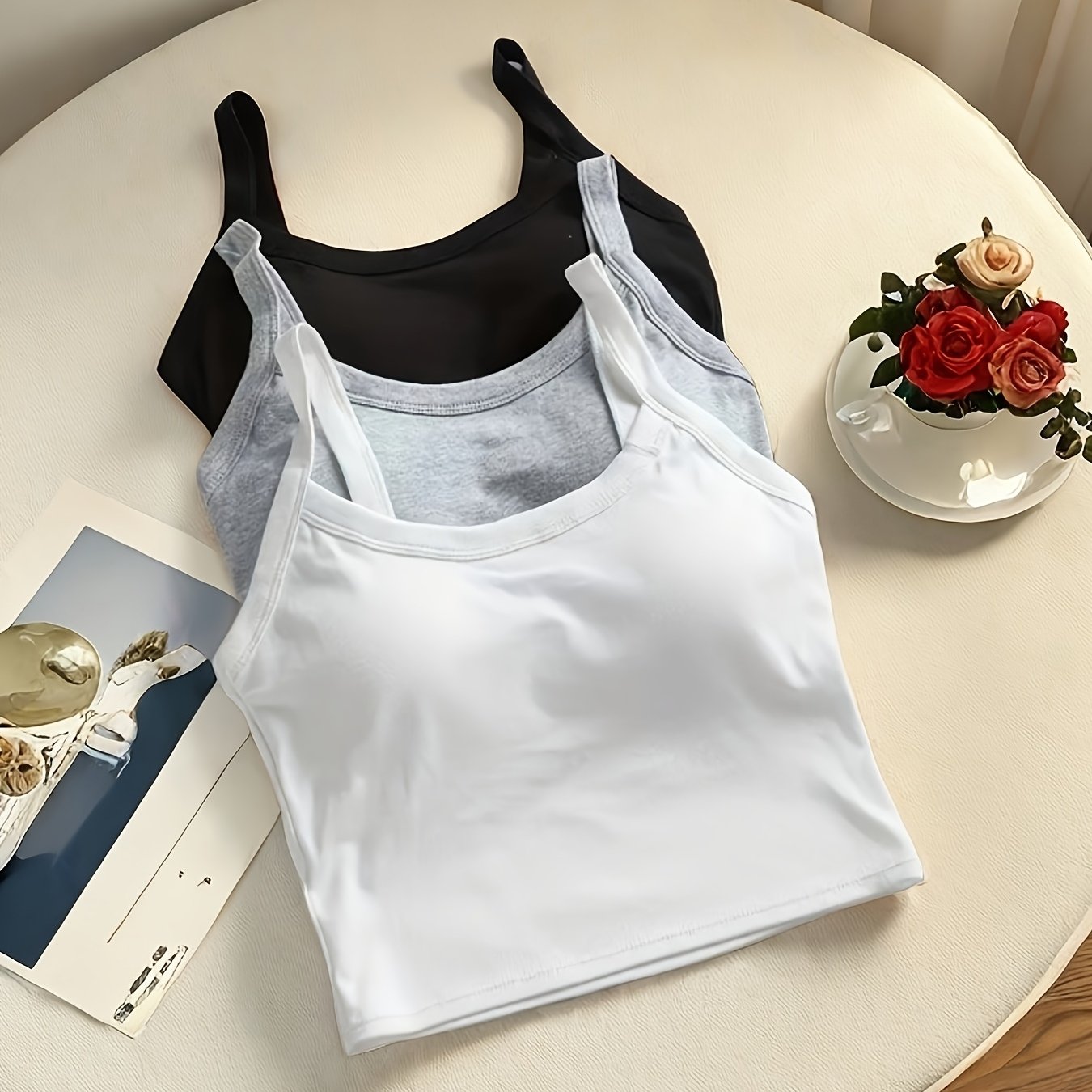 Image of 3pcs Girls' Simple Solid Color Sleeveless Sports Camisole Tops, Fashionable Round Neck Design, Comfortable And Versatile With Padding, Suitable 13-16, Cotton Spandex, For Teenager