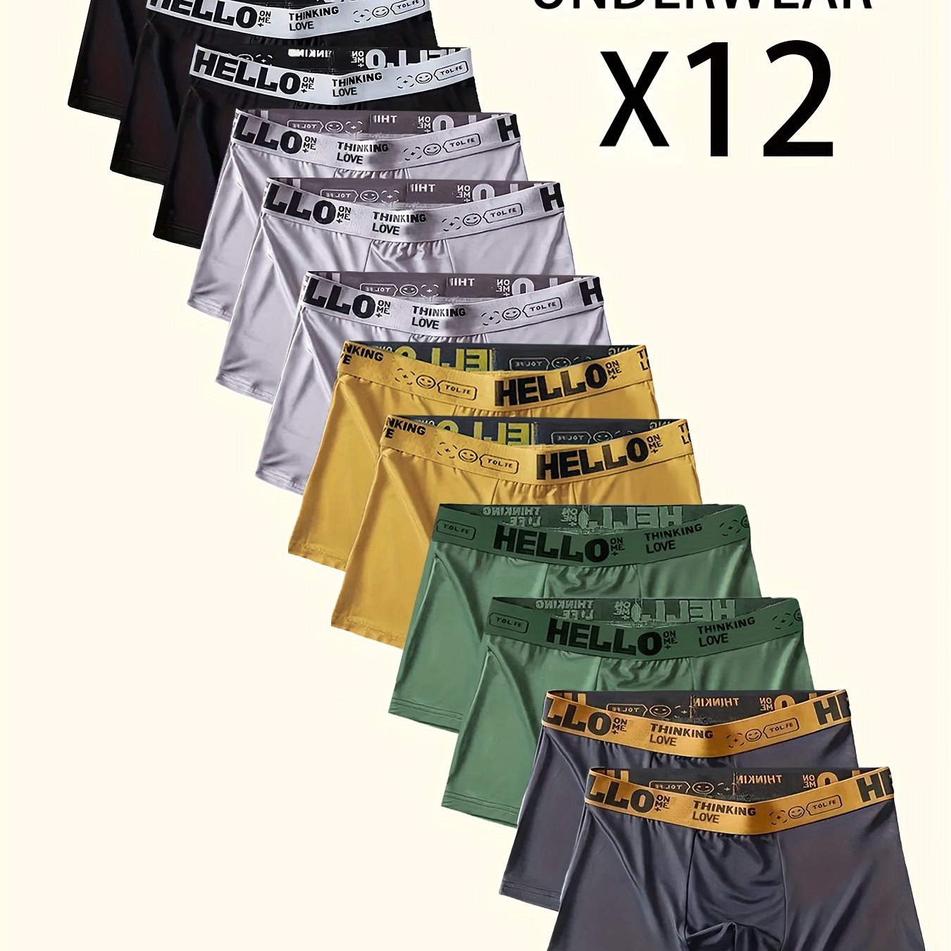 E-shop BROVANIC 12-tlg. Herren-Boxershorts, "HELLO"-Schriftzug am Bund, atmungsaktive weiche Freizeit-Mode-Sportunterwäsche