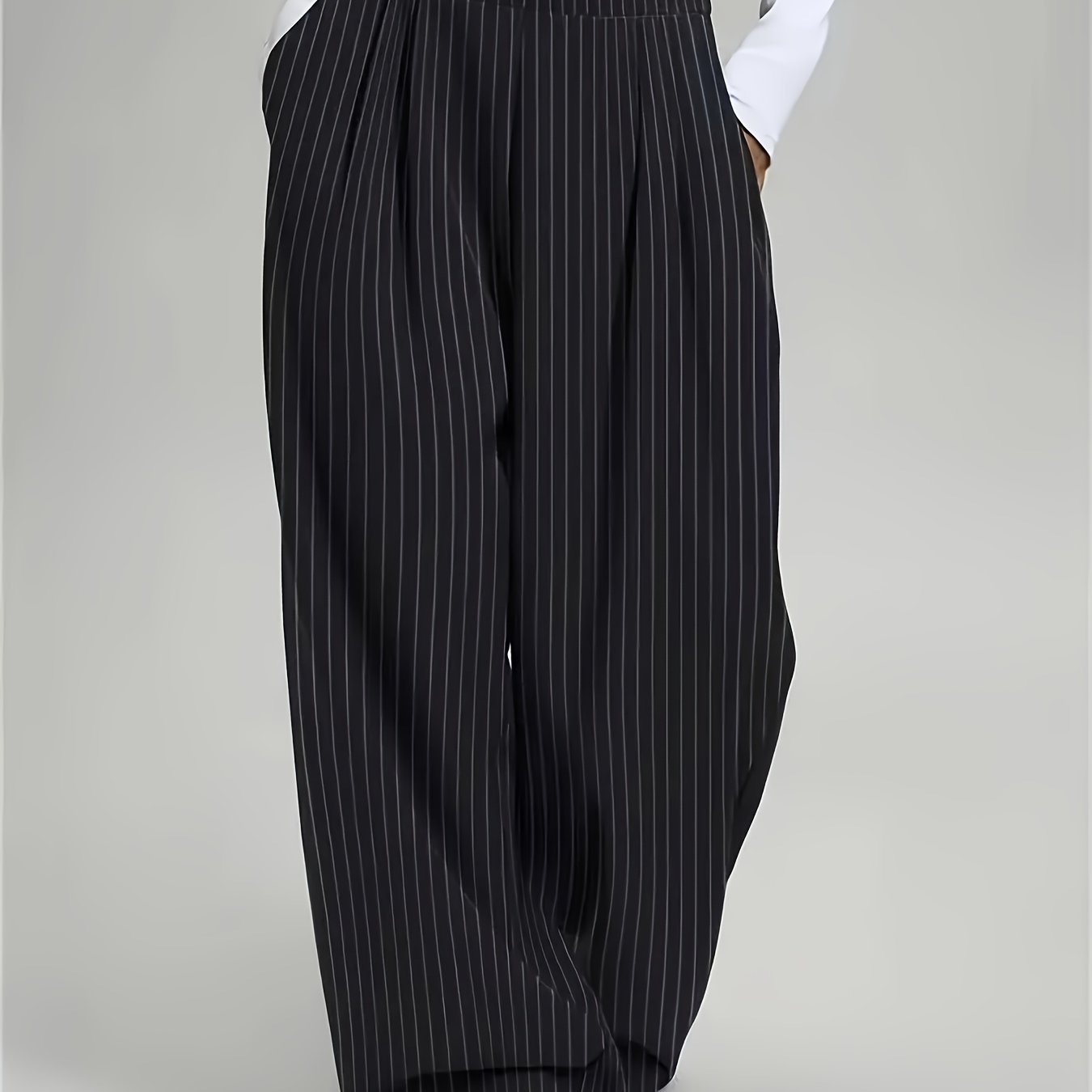 Image of Women's Casual Striped Harem Pants - Elegant Wide-leg Trousers With Vertical And - High-waist Full-length Pants, Non-stretch Fabric Suitable For , Professional And Semi-formal Wear - Elegant